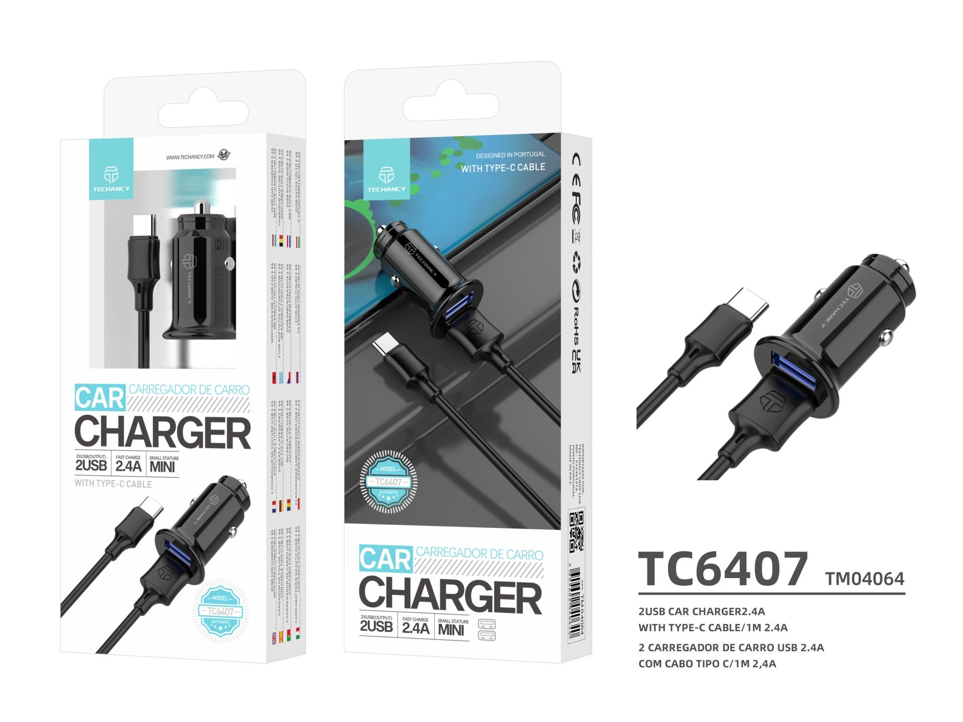 Techancy Carregador De Automóvel Mini  TC6407, Carregamento 2usb 2.4A, Conjunto De Cabos De Dados Usb-Type-C 1m, Preto