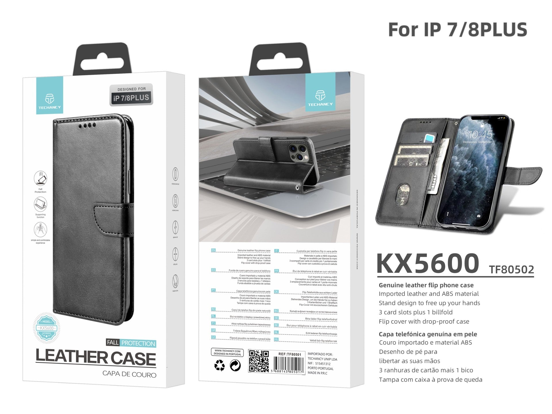 Capa flip em couro para telemóvel com 3 ranhuras para cartões, KX5600, função suporte e proteção contra quedas, compatível com iPhone 7/8 Plus, Preto