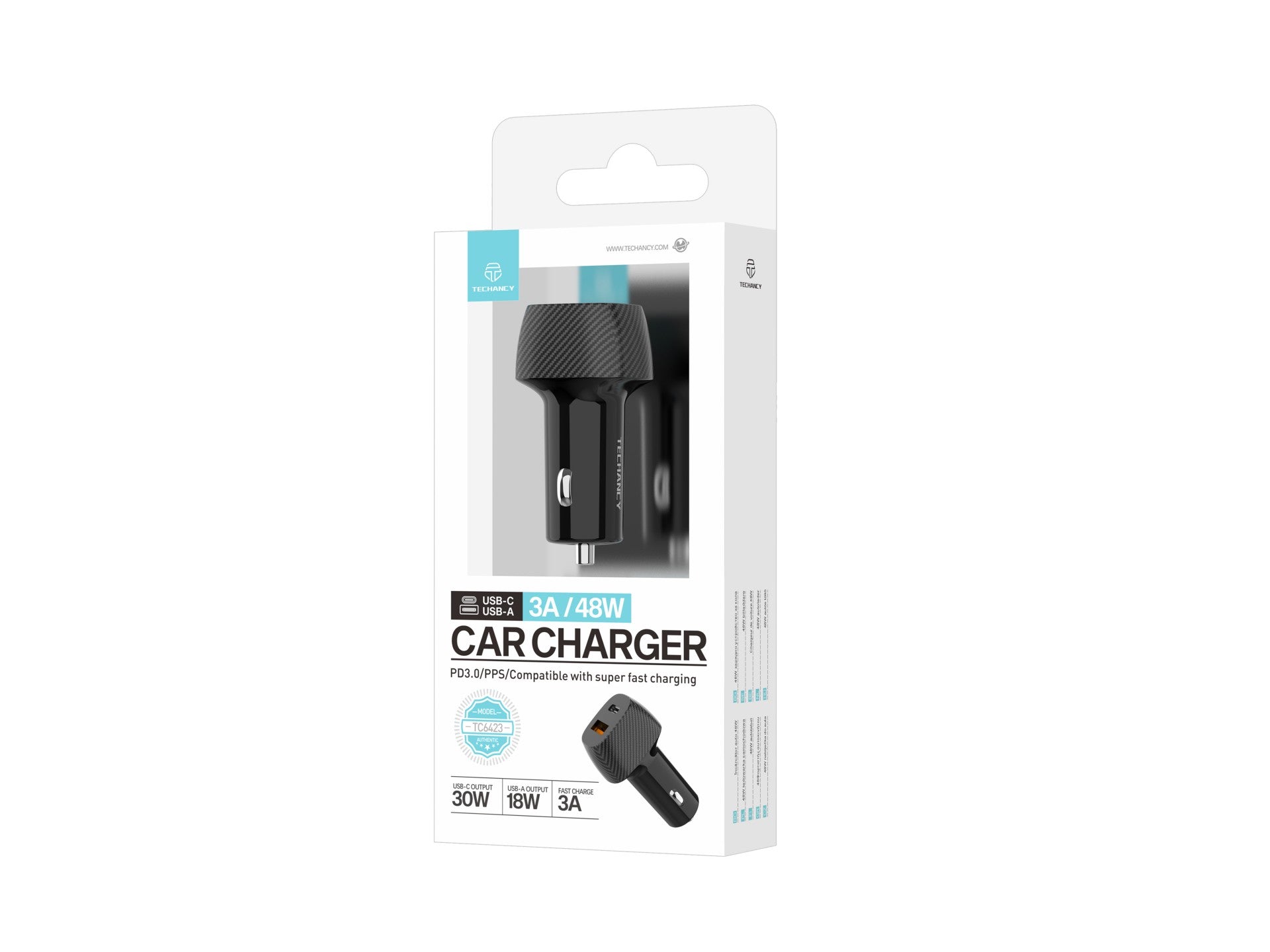 Techancy Carregador Deautomóvel48w  TC6432, Carregamento Rápido Pd3.0 De Porta Dupla Usb-A+Usb-C, Preto