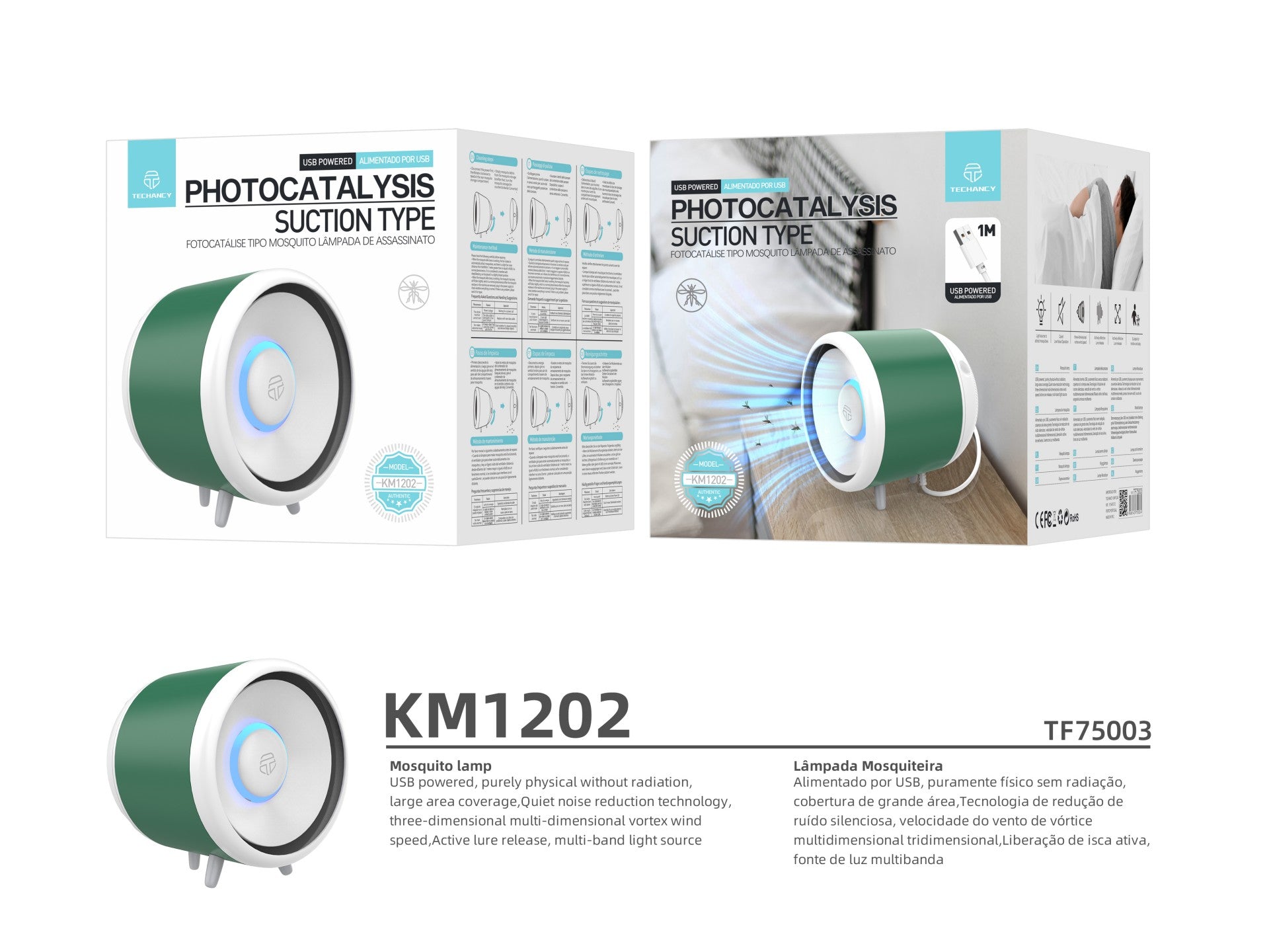 Repelente fotocatalítico de mosquitos alimentado por USB Techancy, KM1202, fotocatalítico, captura física, ventilação integrada, ecológico