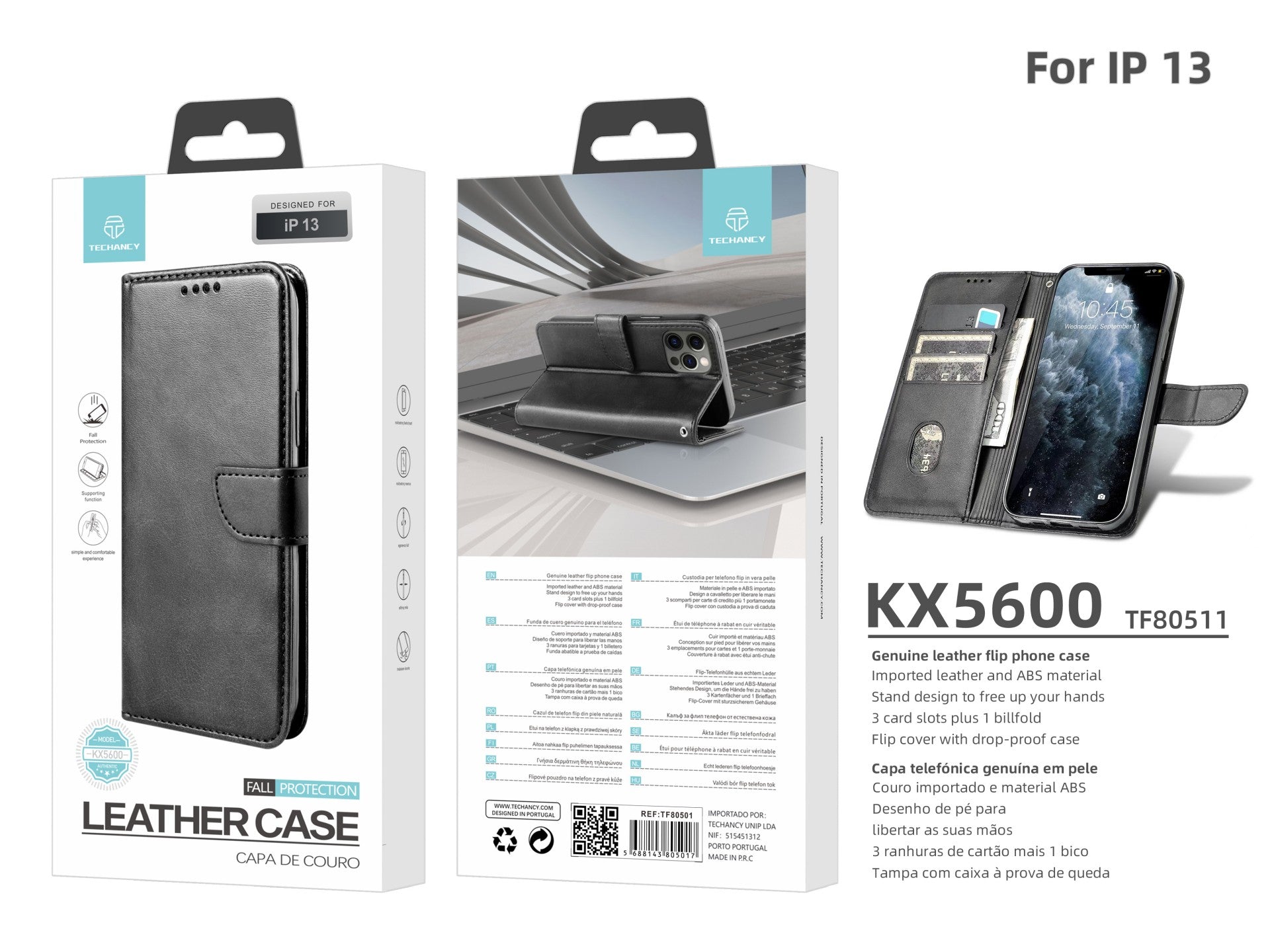 Capa flip em couro para telemóvel com 3 ranhuras para cartões, KX5600, função suporte e proteção contra choques, compatível com iPhone 13, Preto
