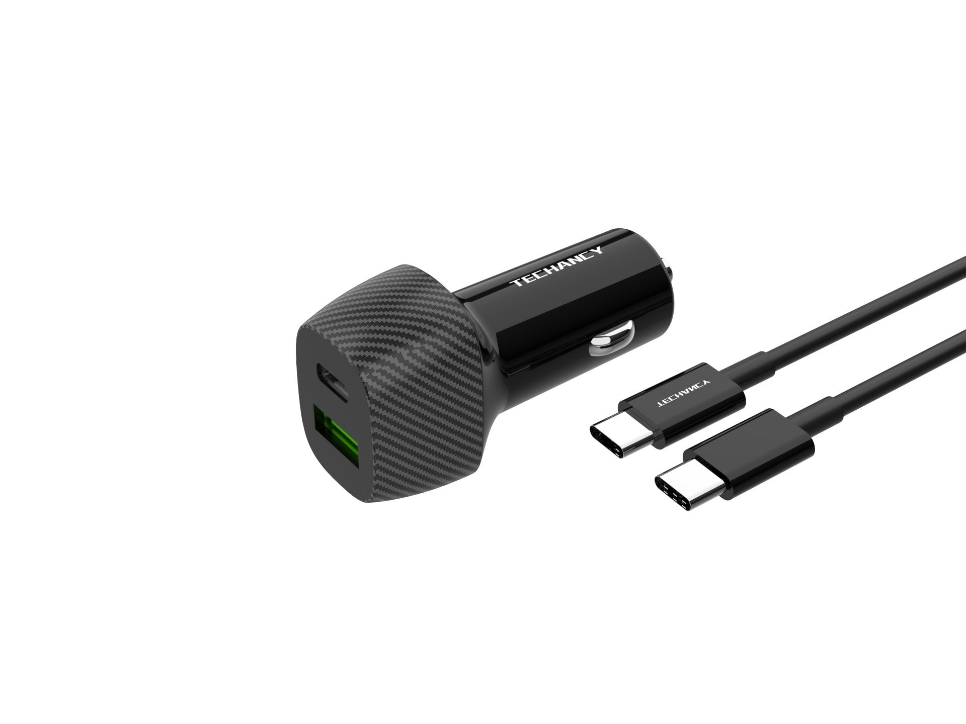 Techancy Carregador De Automóvel De Porta Dupla 48w Usb+Usb-C Pd3.0 TC6432 Com Cabo Preto De 1m/60w Tipo-C Para Tipo-C