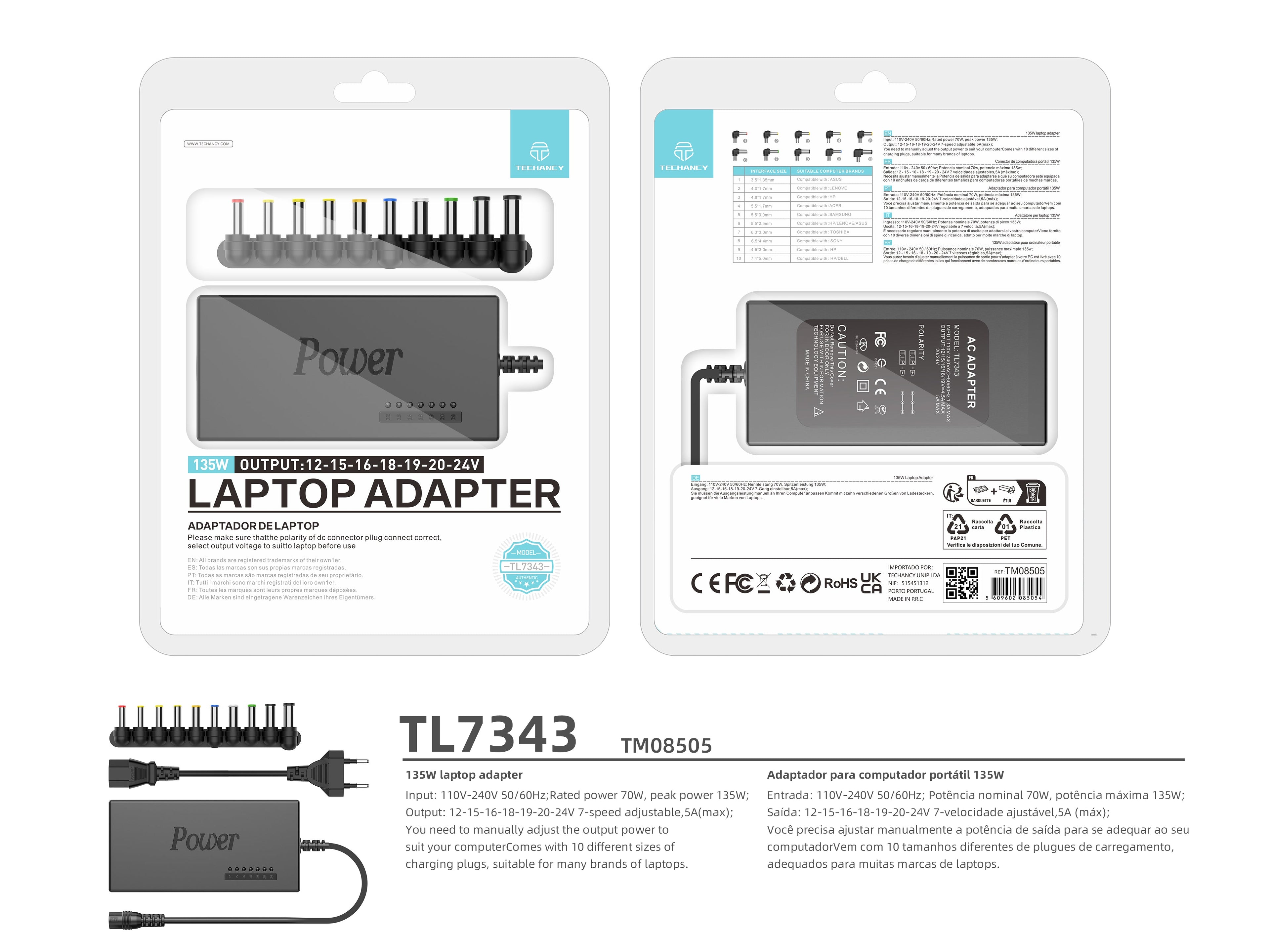 Techancy Carregador Portátil Universal De 135 W TL7343, Adaptador De Computador Para Várias Marcas De Computadores Portáteis