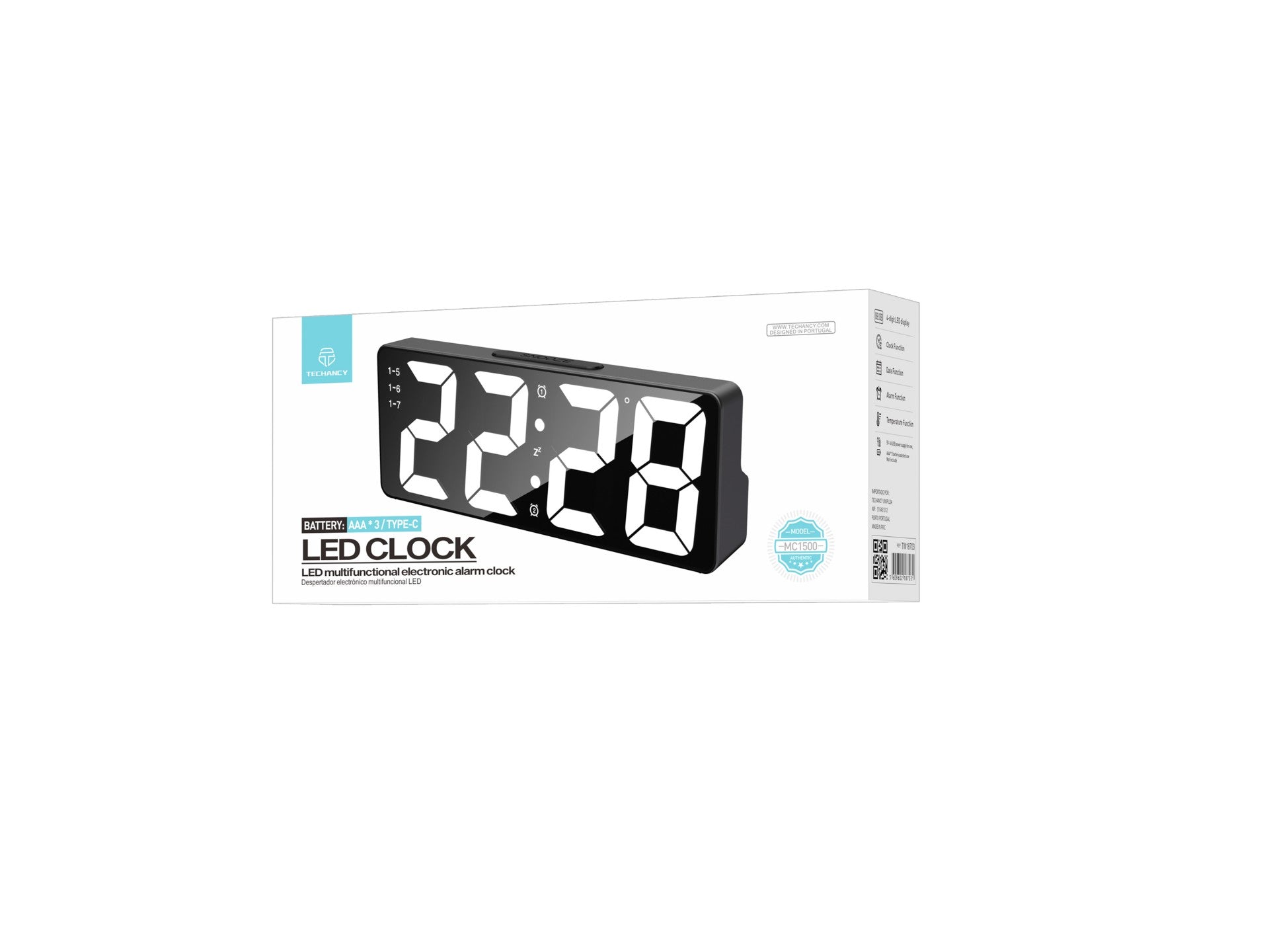 Techancy Despertador Multifunções Led Preto MC1500, Com Relógio, Data, Alarme, Ecrã De Temperatura E Controlo Por Voz