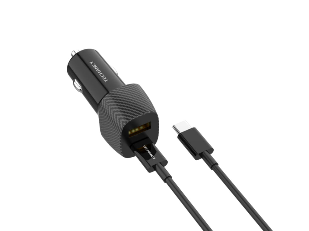 Techancy Carregador De Automóvel De Porta Dupla 48w Usb+Usb-C Pd3.0 TC6432 Com Cabo Preto De 1m/60w Tipo-C Para Tipo-C
