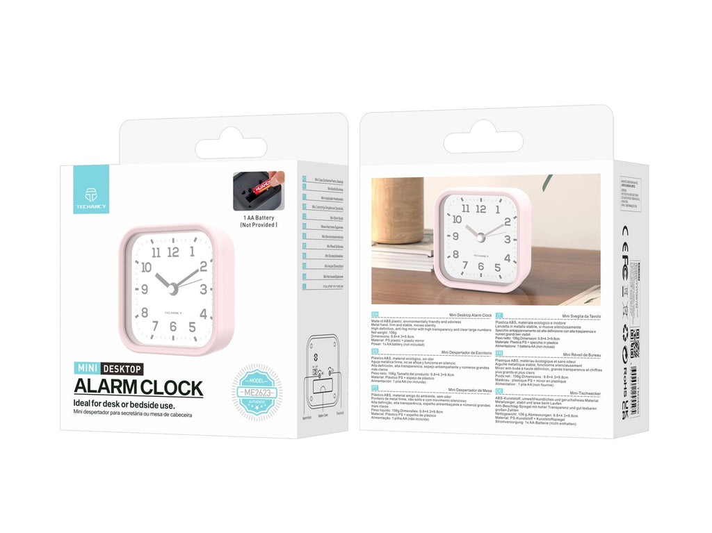 Techancy Mini despertador de mesa ME2623 silencioso números grandes espelho HD corpo ABS portátil para quarto e secretária cor rosa