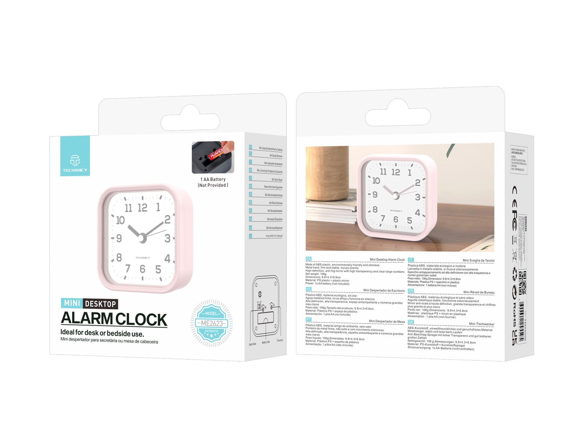 Techancy Mini despertador de mesa ME2623 silencioso números grandes espelho HD corpo ABS portátil para quarto e secretária cor rosa