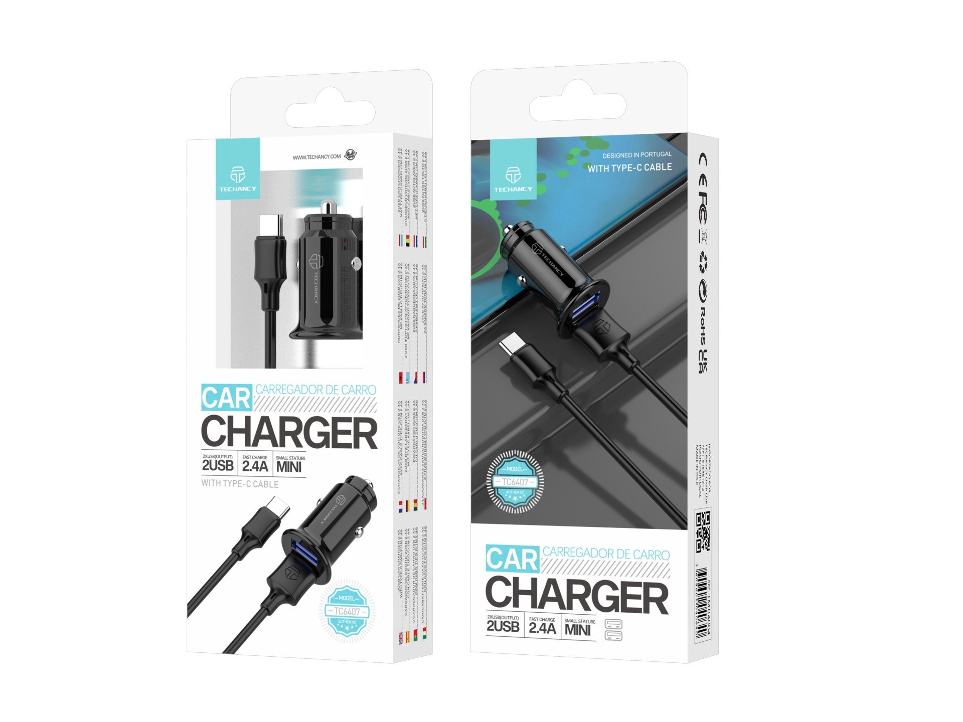 Techancy Carregador De Automóvel Mini  TC6407, Carregamento 2usb 2.4A, Conjunto De Cabos De Dados Usb-Type-C 1m, Preto