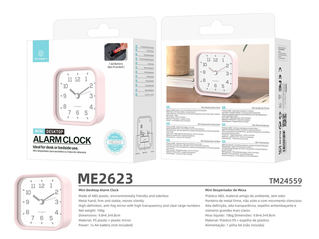 Techancy Mini despertador de mesa ME2623 silencioso números grandes espelho HD corpo ABS portátil para quarto e secretária cor rosa