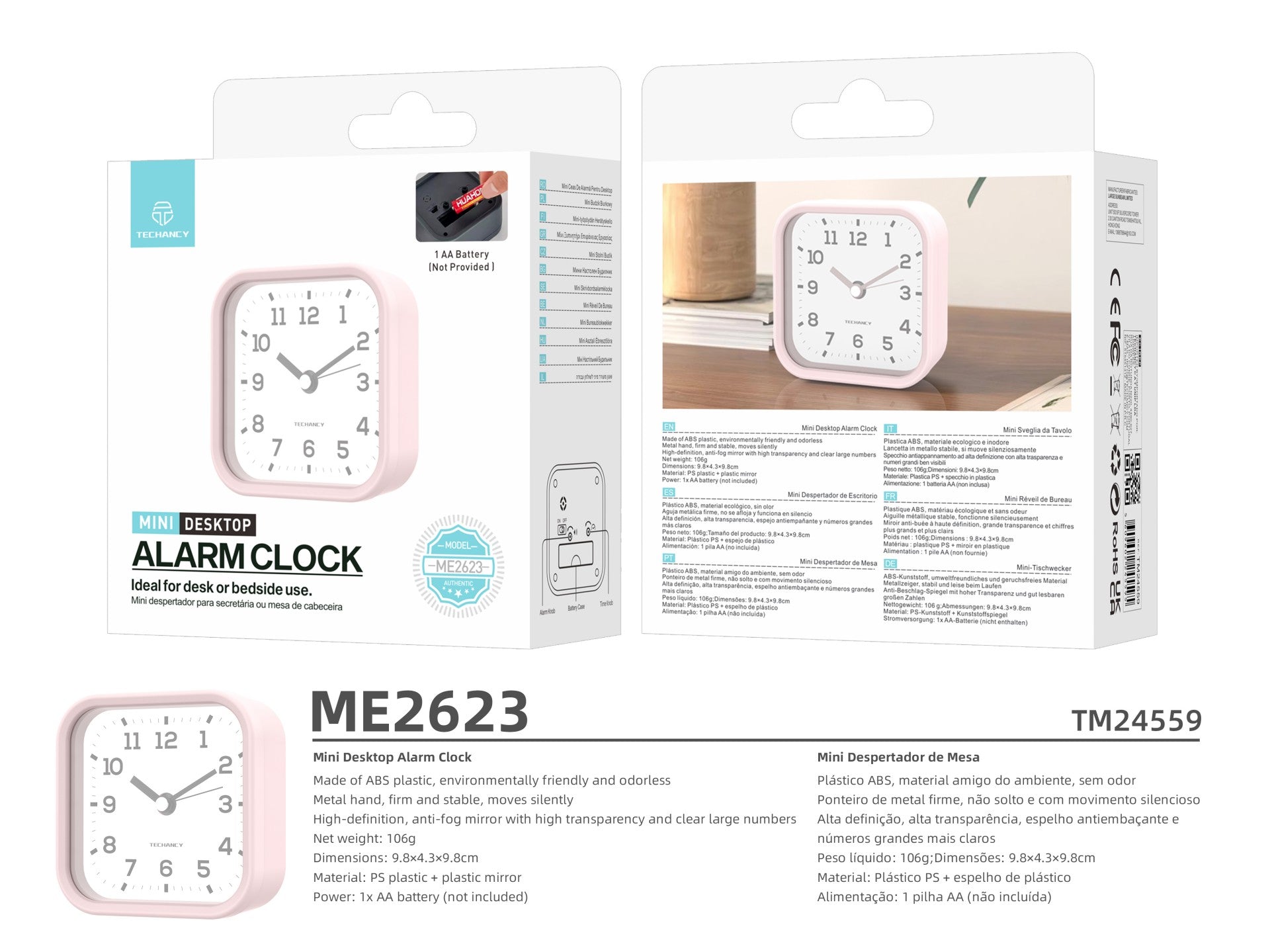 Techancy Mini despertador de mesa ME2623 silencioso números grandes espelho HD corpo ABS portátil para quarto e secretária cor rosa