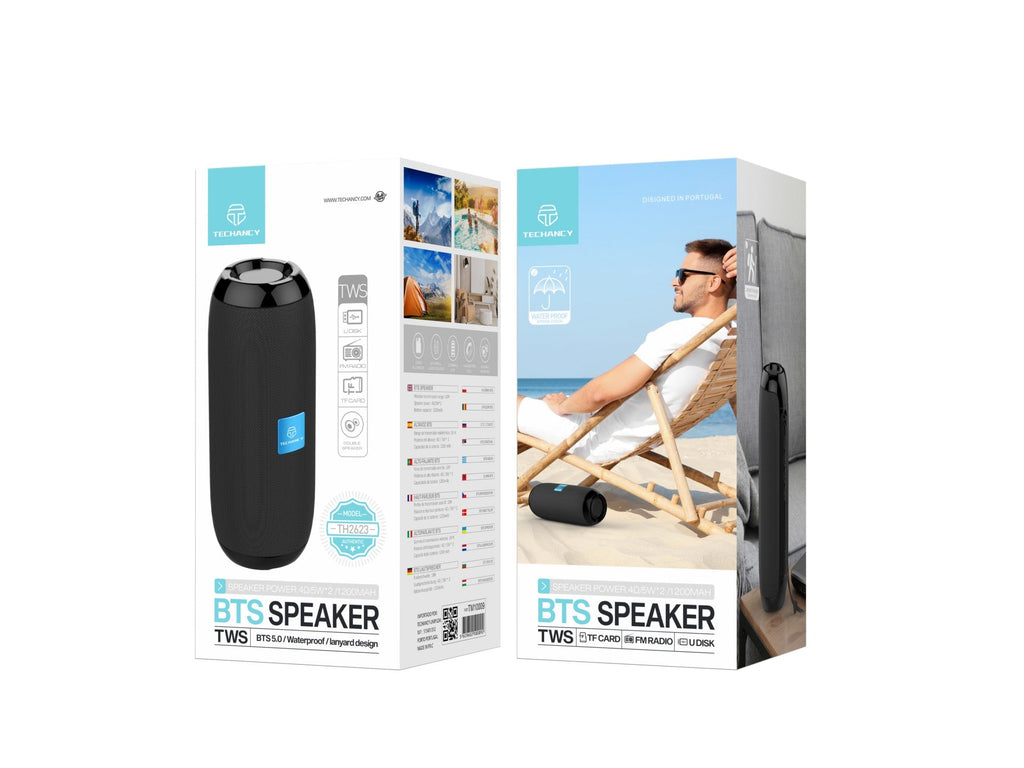 Techancy Bluetooth Audio Black TH2623, 5w*2 Altifalantes, Bateria Incorporada, Suporta Ligação Sem Fios 5.0/Tf/U Disk/Aux