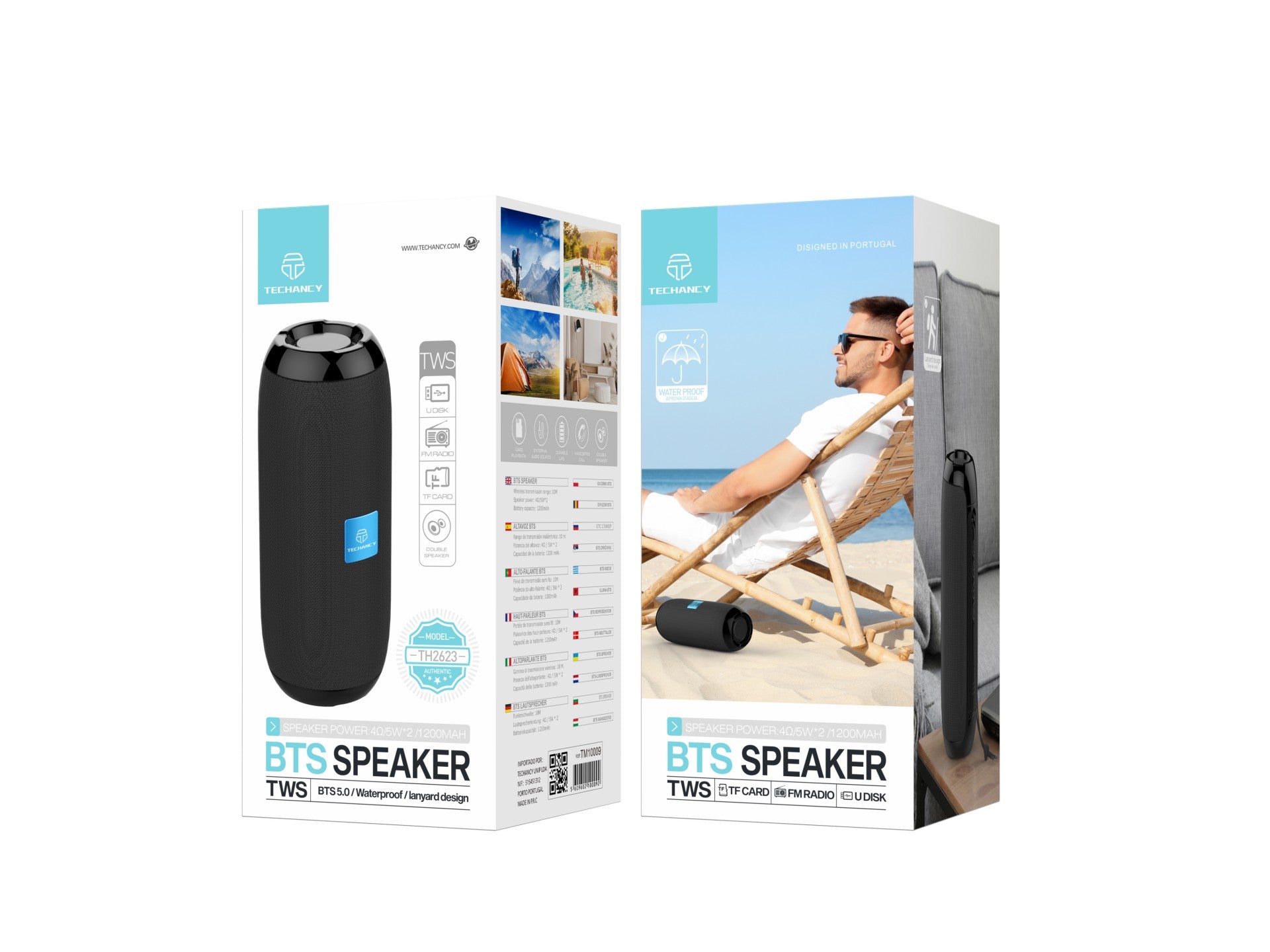 Techancy Bluetooth Audio Black TH2623, 5w*2 Altifalantes, Bateria Incorporada, Suporta Ligação Sem Fios 5.0/Tf/U Disk/Aux