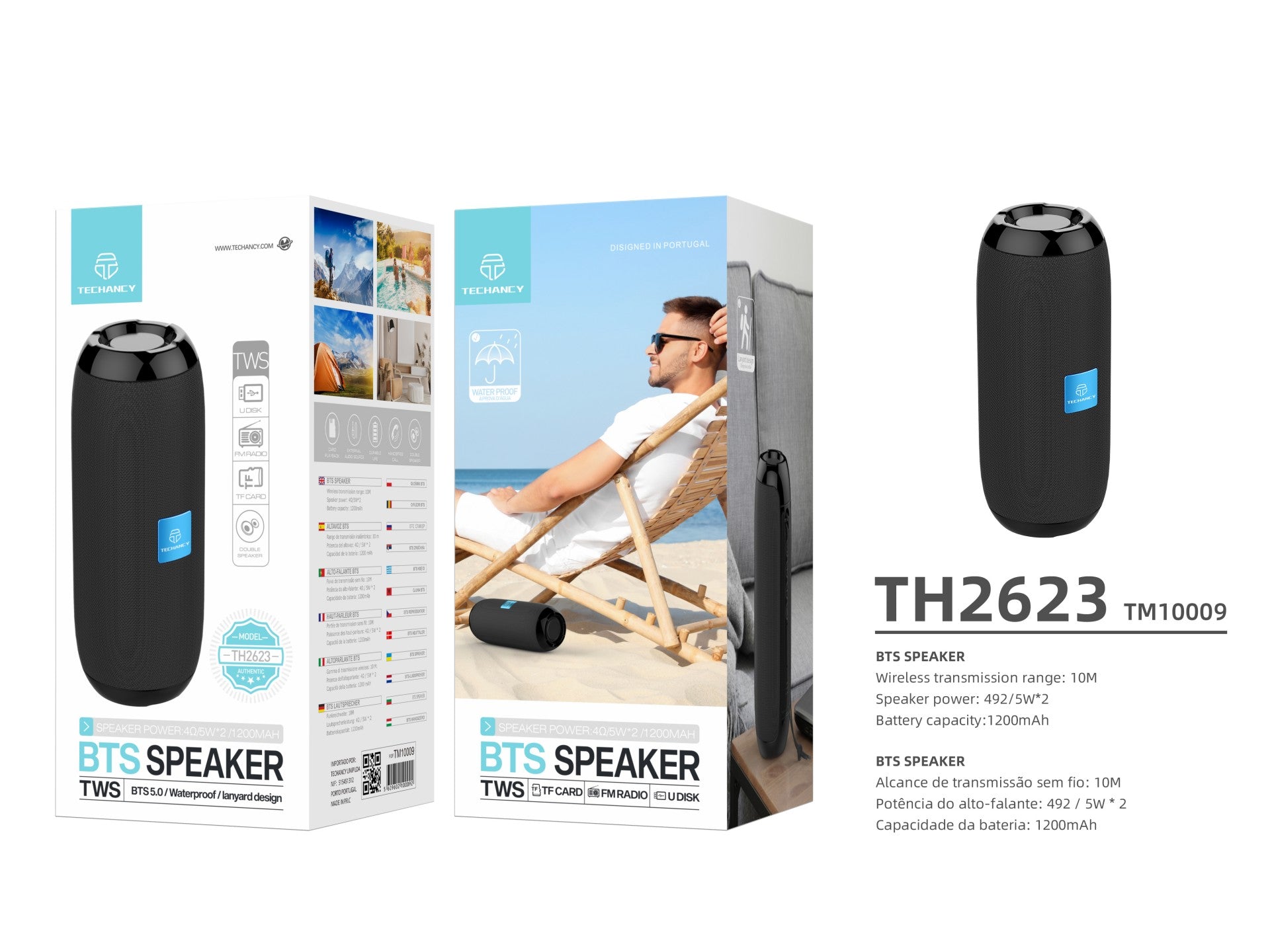 Techancy Bluetooth Audio Black TH2623, 5w*2 Altifalantes, Bateria Incorporada, Suporta Ligação Sem Fios 5.0/Tf/U Disk/Aux