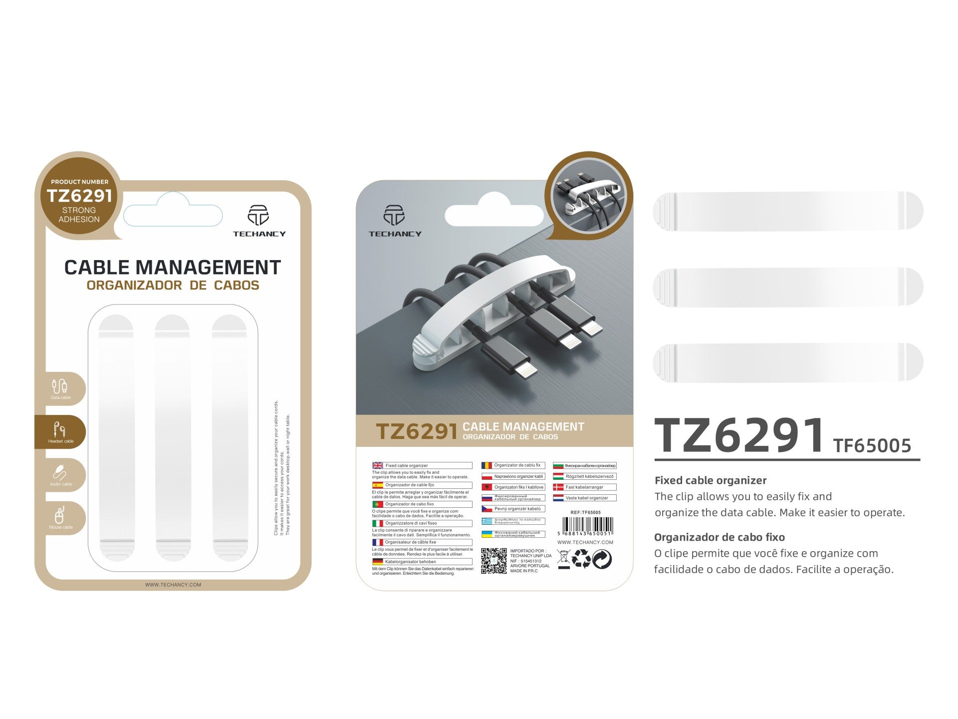 Suporte para cabos Techancy, TZ6291, embalagem com 3 unidades, prático para abrir e fechar para guardar cabos, branco