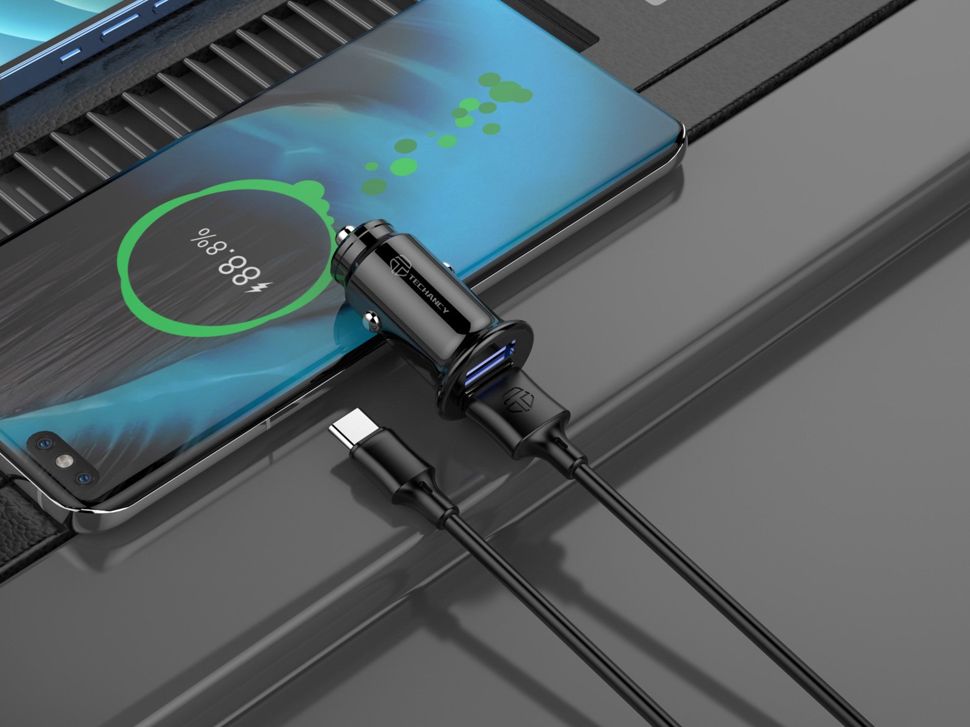 Techancy Carregador De Automóvel Mini  TC6407, Carregamento 2usb 2.4A, Conjunto De Cabos De Dados Usb-Type-C 1m, Preto