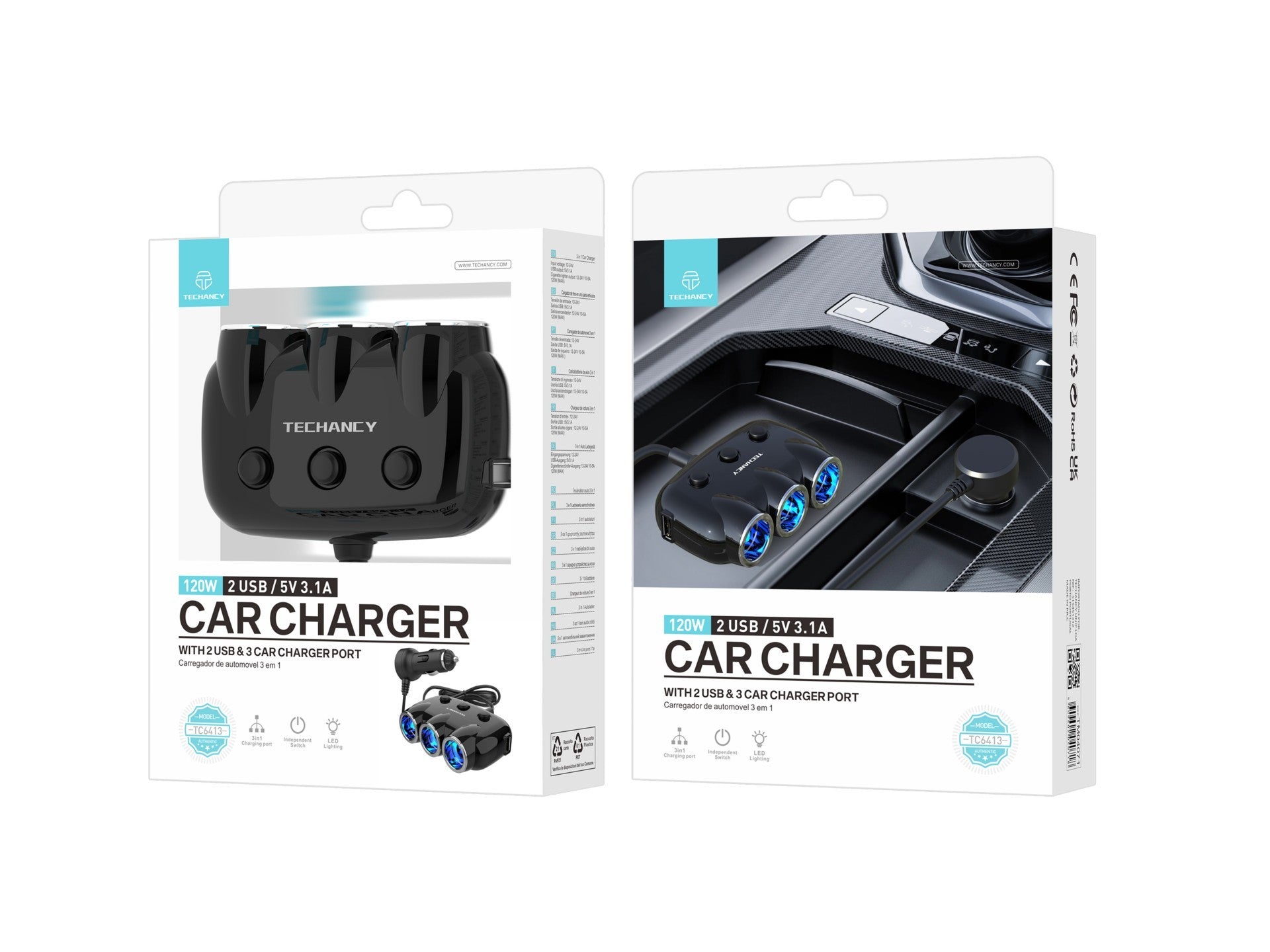 Techancy Carregador De Automóvel 3 Em 1 Preto TC6413, Entrada 12-24v, Saída 10-12a 120w, Parceiro Elétrico Para Automóvel