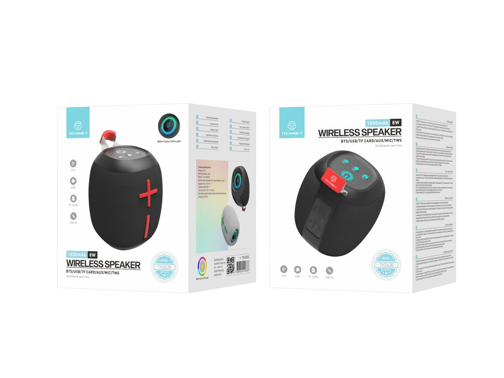 Techancy Altifalante Sem Fios Bluetooth Versão 5.3 TH2638, Suporte TWS/TF/AUX, Luz Ambiente Led Rgb De 7 Cores