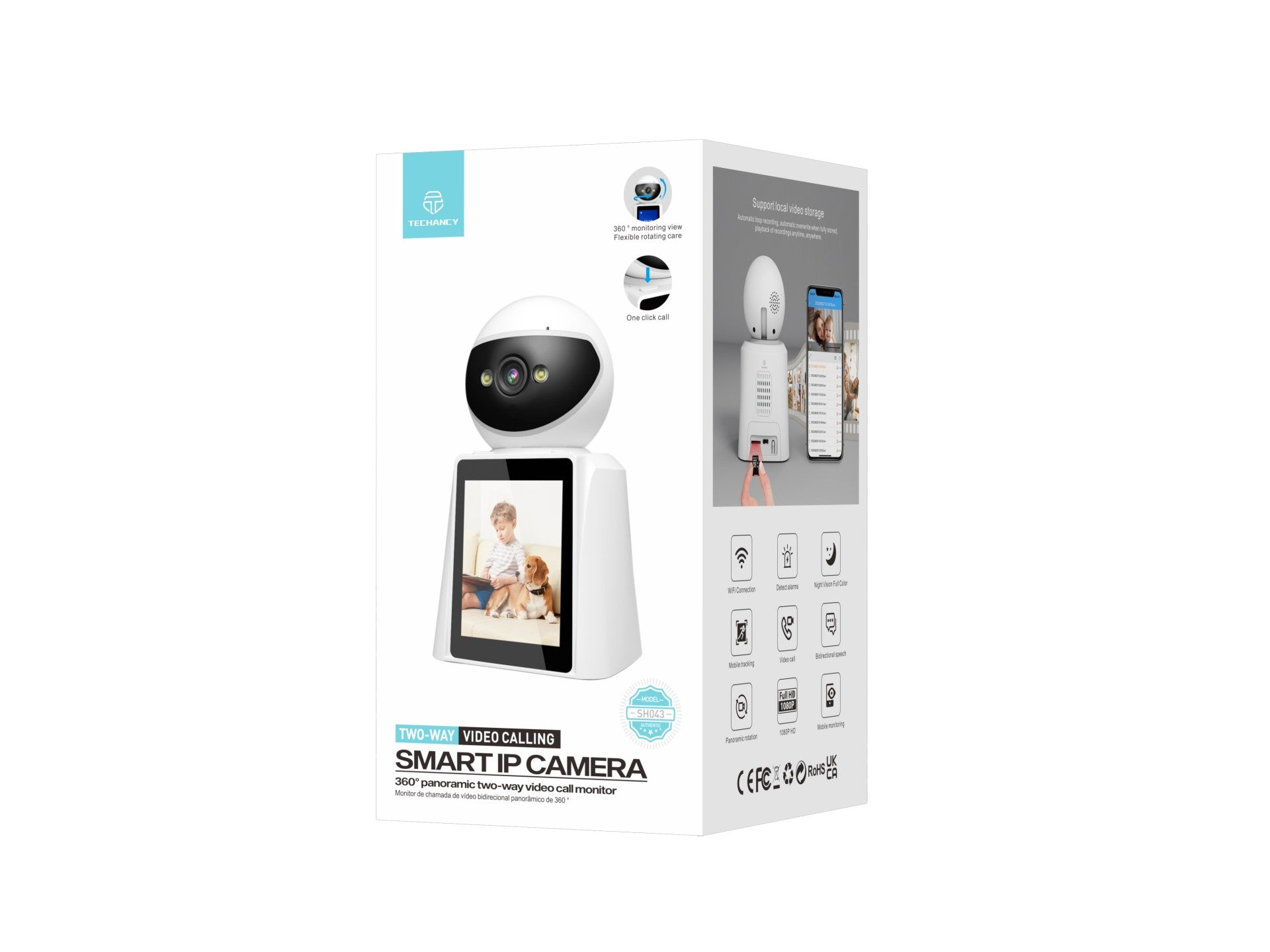 Techancy SH043 Câmara Inteligente com Ecrã, 1080P, Rotação 360°, Visão Noturna, Chamadas de Vídeo e Voz Bidirecionais, Ligação WiFi, Deteção Humana — Branco