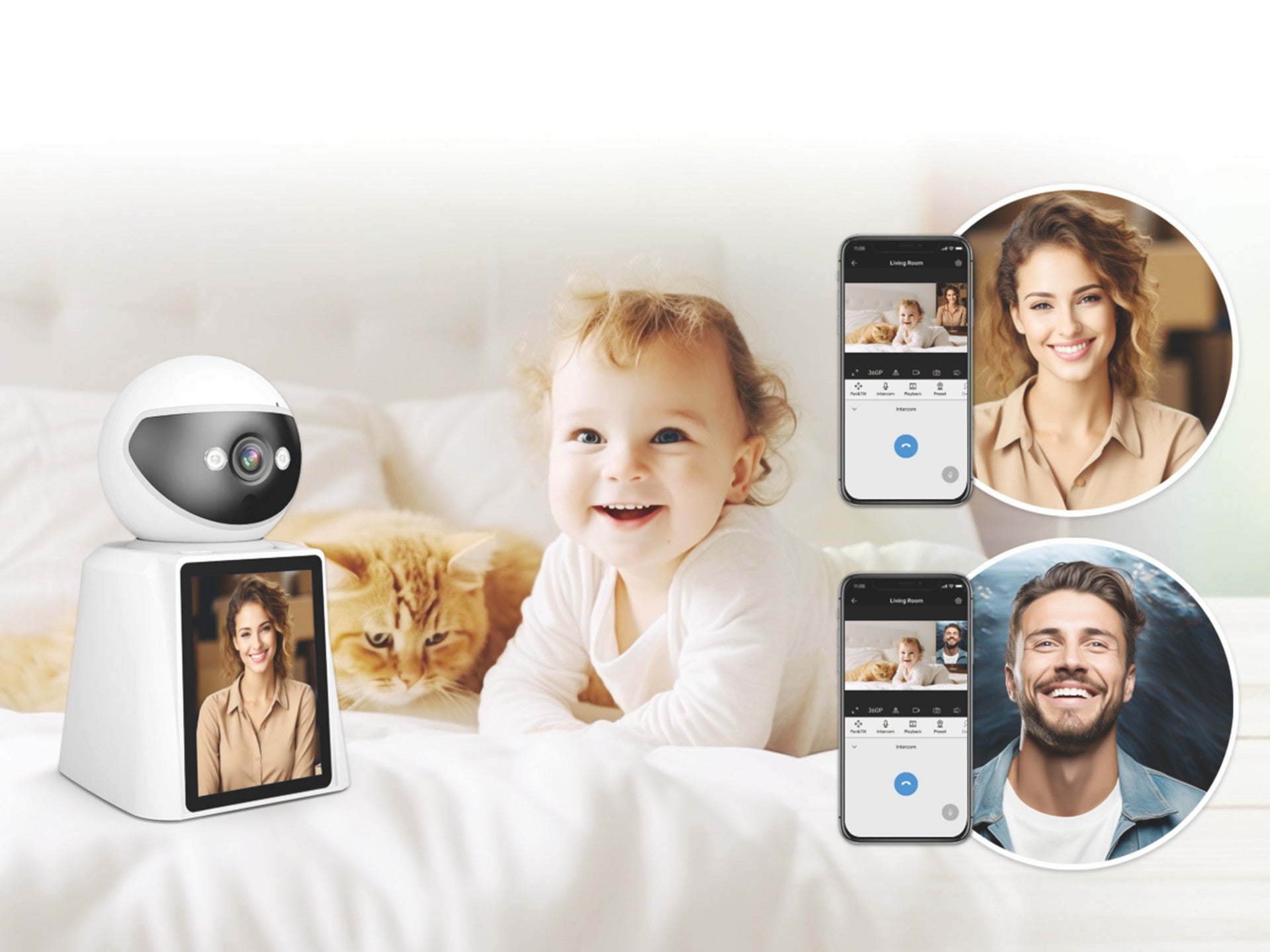 Techancy SH043 Câmara Inteligente com Ecrã, 1080P, Rotação 360°, Visão Noturna, Chamadas de Vídeo e Voz Bidirecionais, Ligação WiFi, Deteção Humana — Branco