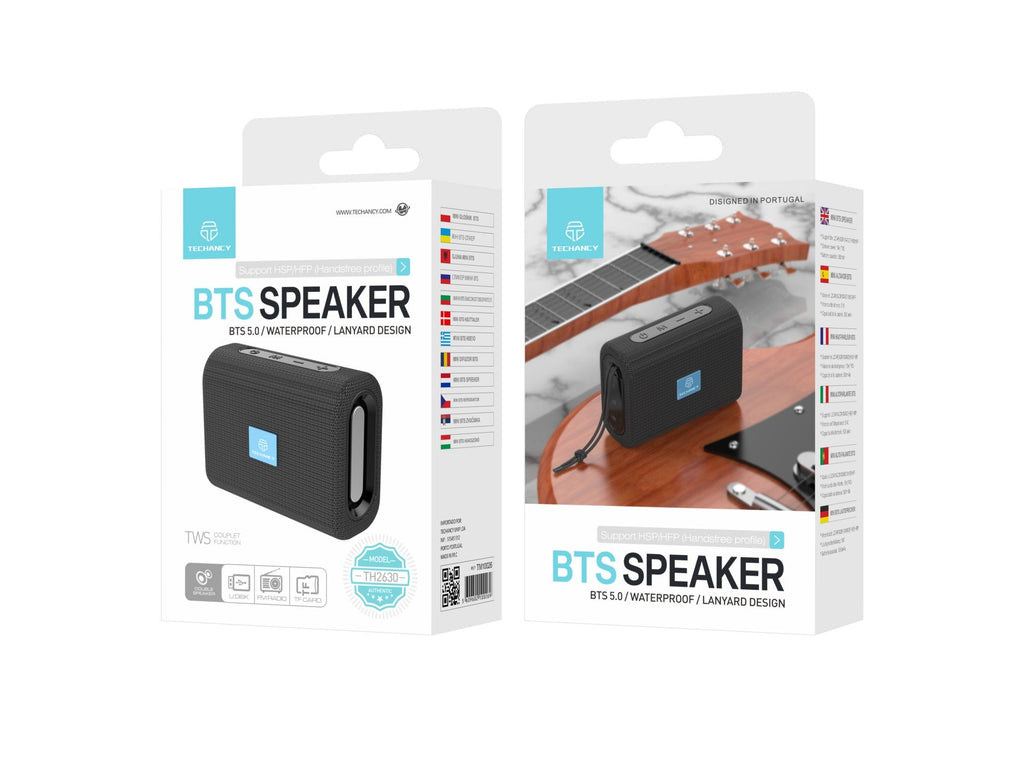 Techancy Mini Altifalante Sem Fios Preto TH2630, Reprodução Com Bateria Incorporada, Conetividade Bluetooth 5.0, Suporte Tws