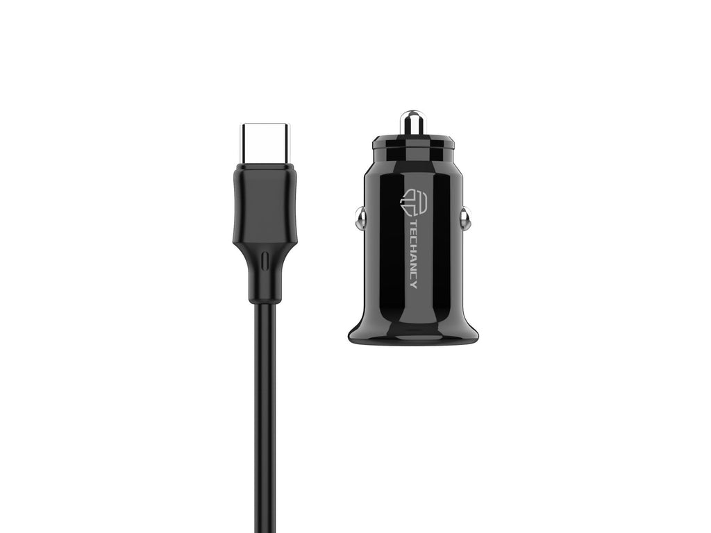 Techancy Carregador De Automóvel Mini  TC6407, Carregamento 2usb 2.4A, Conjunto De Cabos De Dados Usb-Type-C 1m, Preto
