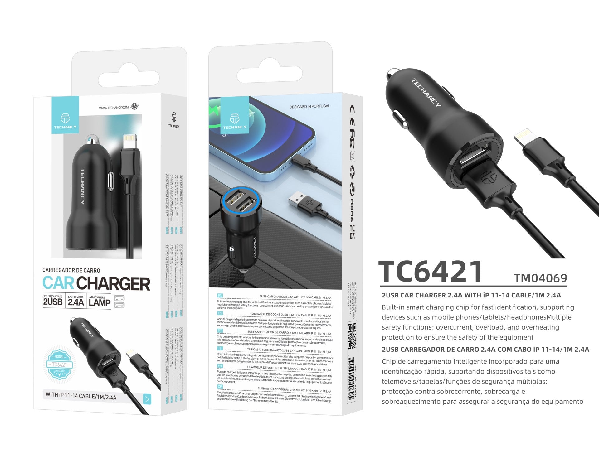 Techancy Carregador de Carro 2USB 2.4A com Cabo iP 11-14/1M TC6421 Preto, Carregamento Rápido, Múltiplas Proteções