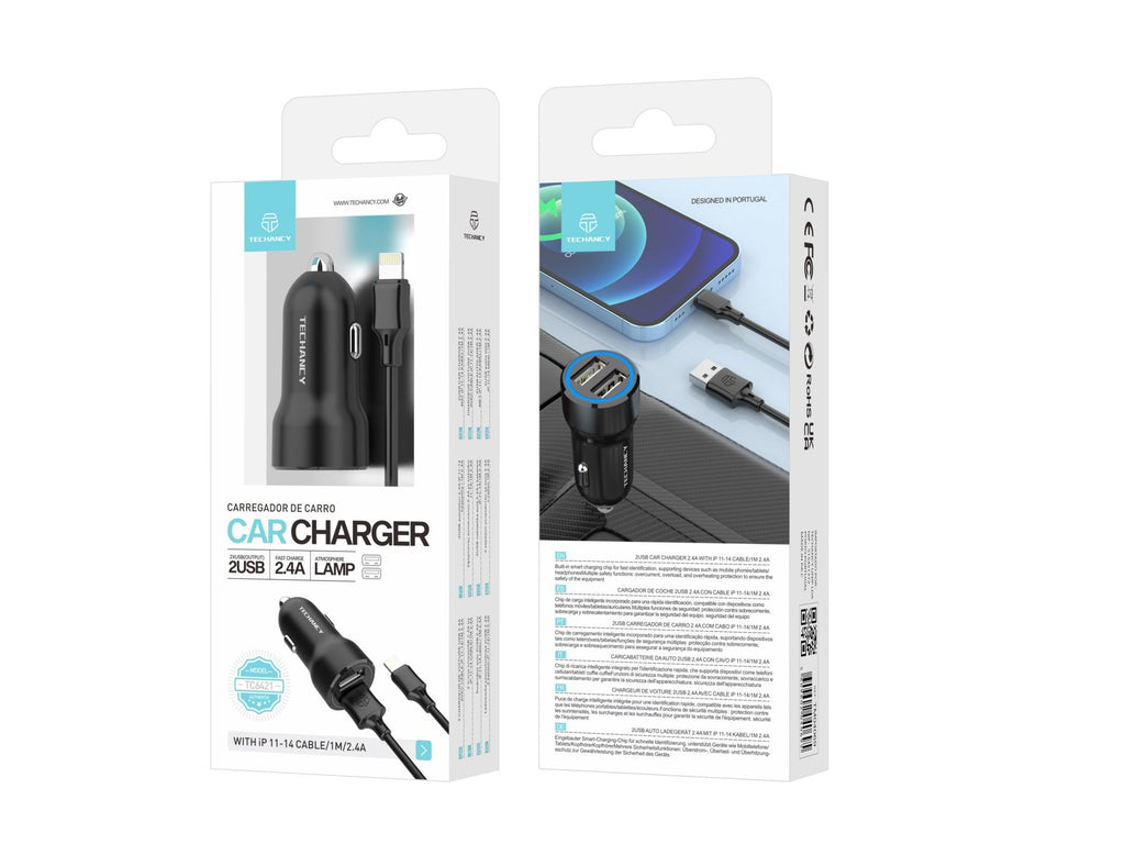 Techancy Carregador de Carro 2USB 2.4A com Cabo iP 11-14/1M TC6421 Preto, Carregamento Rápido, Múltiplas Proteções