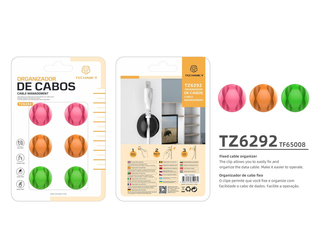 Suporte para cabos Techancy, TZ6292, embalagem com 6 unidades, organizador de cabos, laranja + rosa