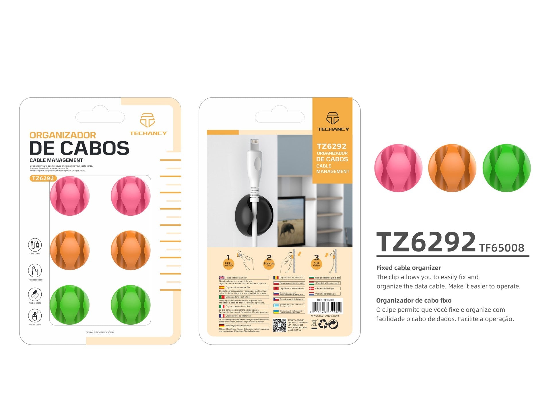 Suporte para cabos Techancy, TZ6292, embalagem com 6 unidades, organizador de cabos, laranja + rosa