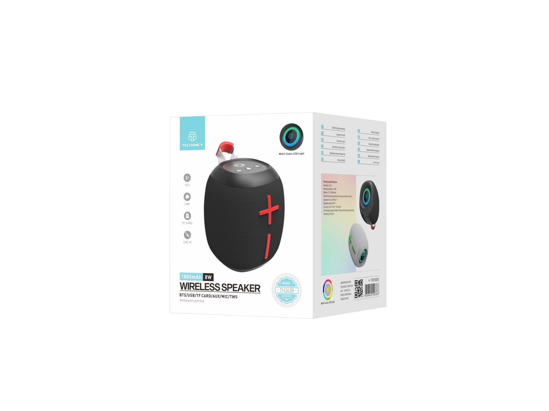 Techancy Altifalante Sem Fios Bluetooth Versão 5.3 TH2638, Suporte TWS/TF/AUX, Luz Ambiente Led Rgb De 7 Cores