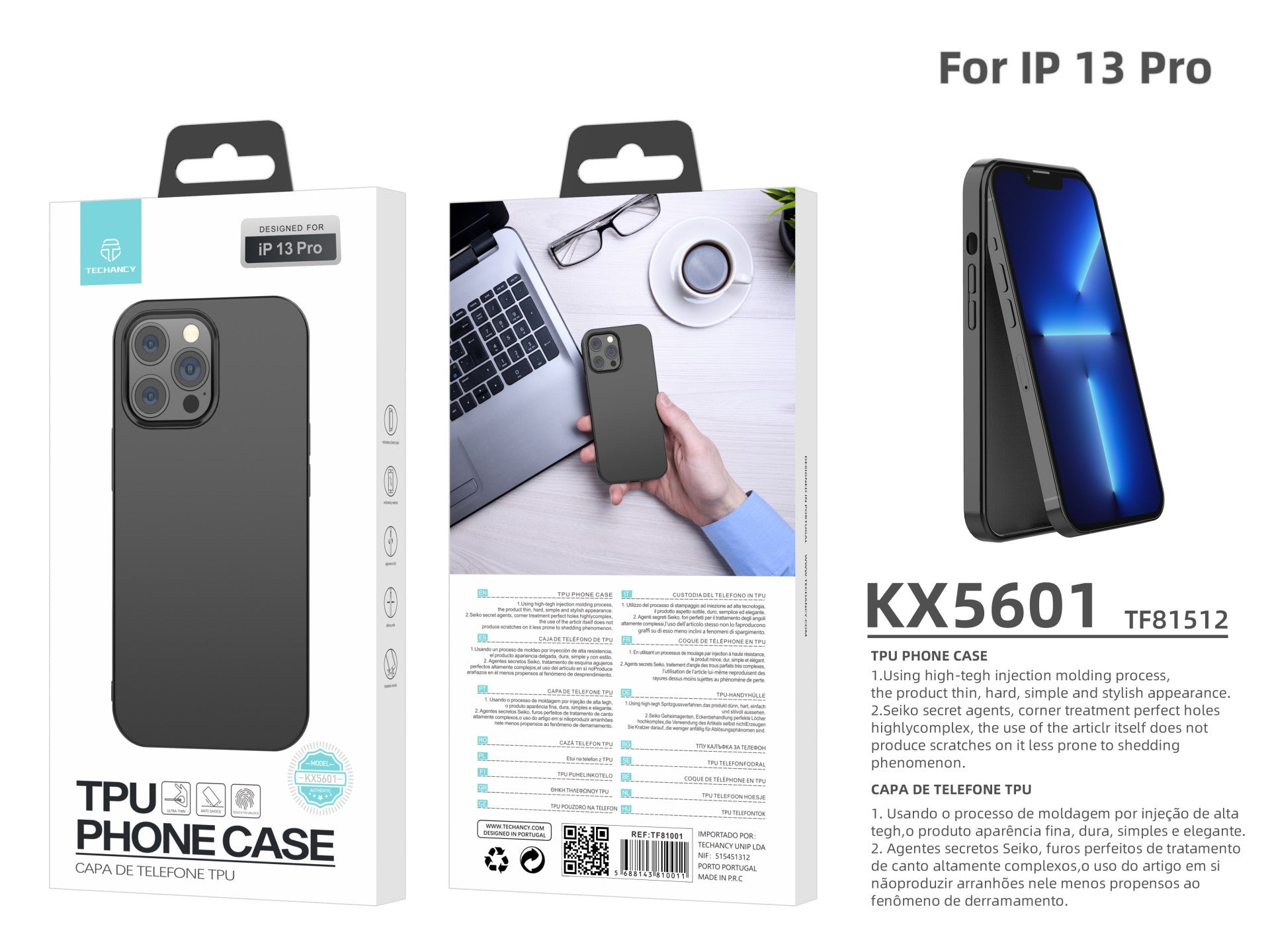 Capa para telemóvel Techancy New TPU em preto, KX5601, com proteção para a lente da câmara, compatível com iPhone 13 Pro