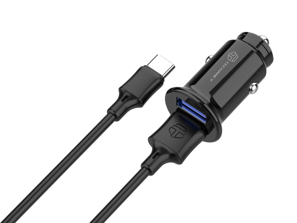 Techancy Carregador De Automóvel Mini  TC6407, Carregamento 2usb 2.4A, Conjunto De Cabos De Dados Usb-Type-C 1m, Preto
