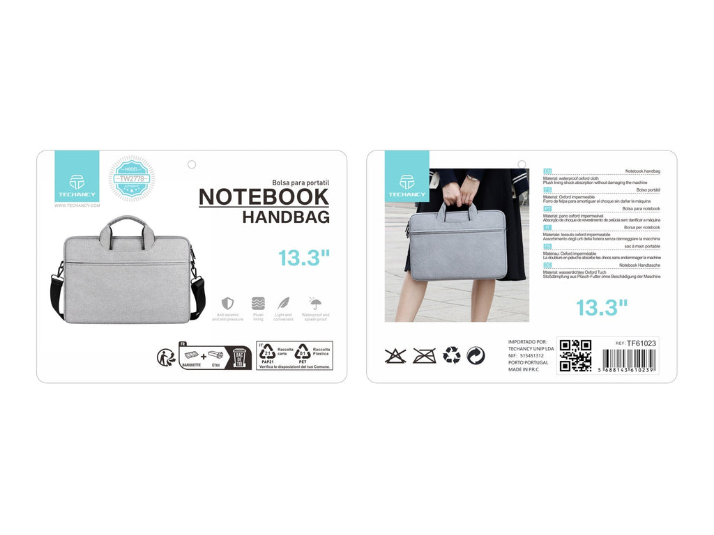 Mala para computador portátil Techancy TW2778, cinzenta, 13,3 polegadas, alça ajustável