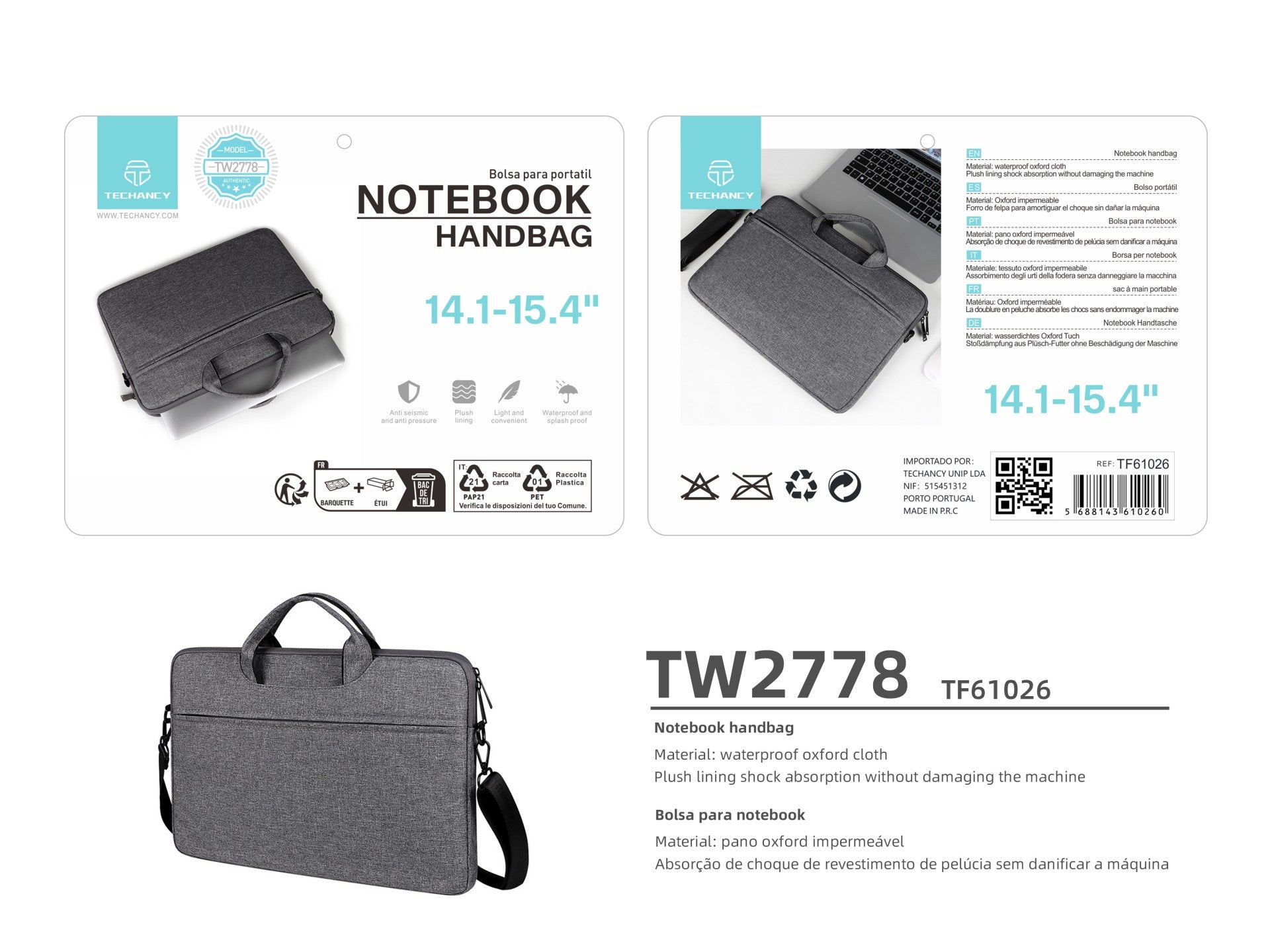 Mala de transporte para computador portátil Techancy TW2778, Preto, 14,1/15,4 polegadas, alça ajustável para o ombro