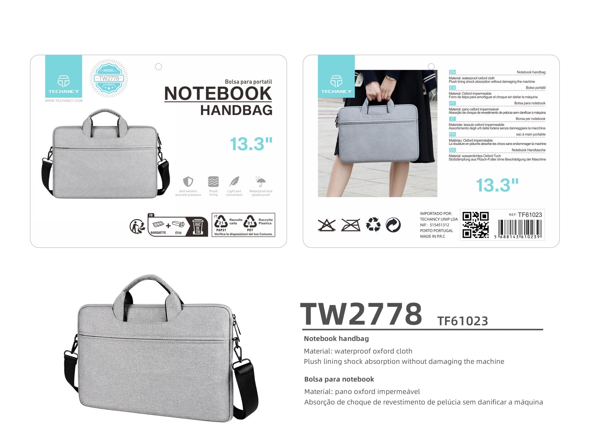 Mala para computador portátil Techancy TW2778, cinzenta, 13,3 polegadas, alça ajustável