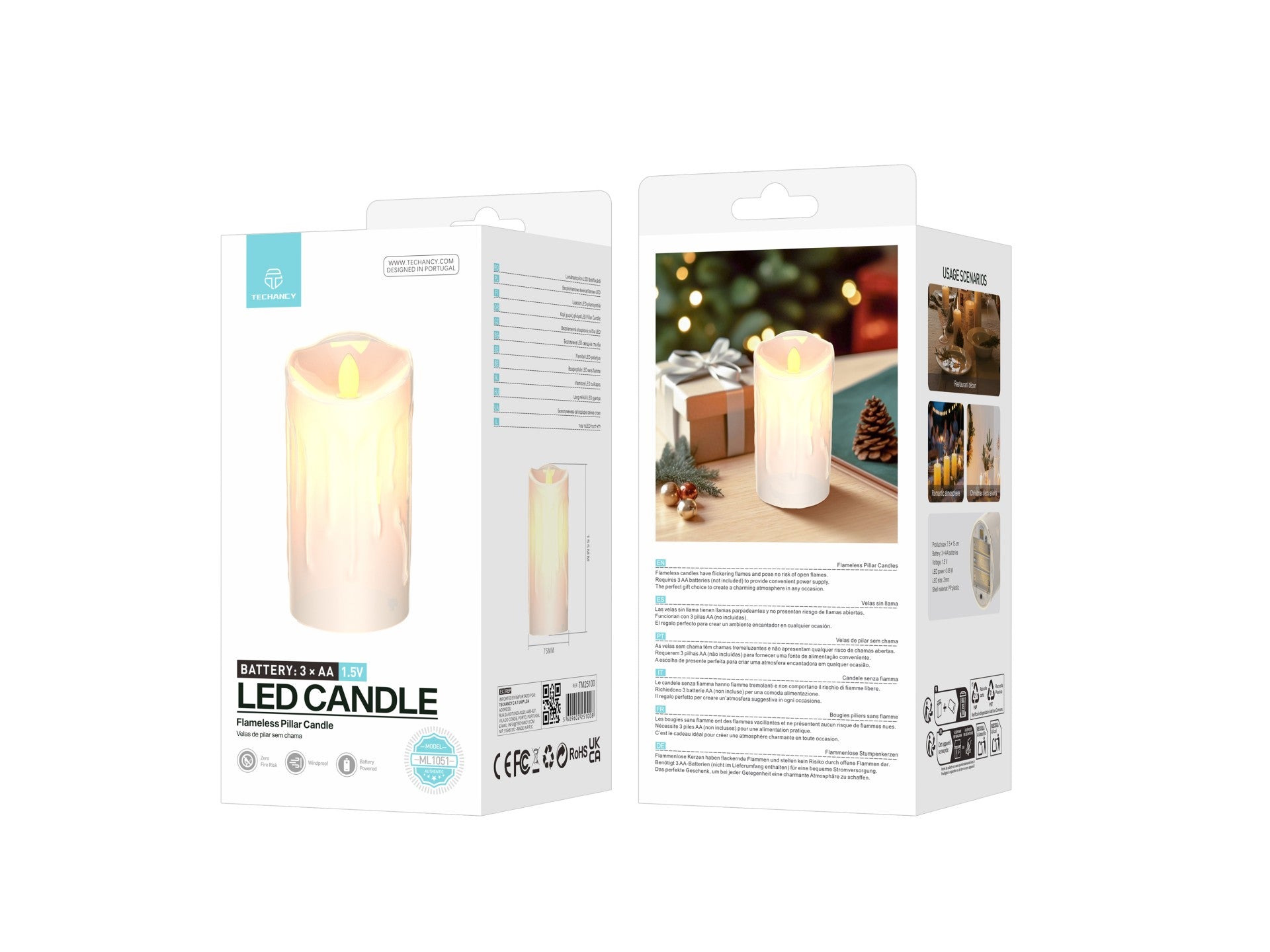 Techancy Vela LED ML1051 Sem Chama Pilar Realista Chama Tremeluzente Decoracao Natal Casamento Festa Casa Alimentacao 3 Pilhas AA