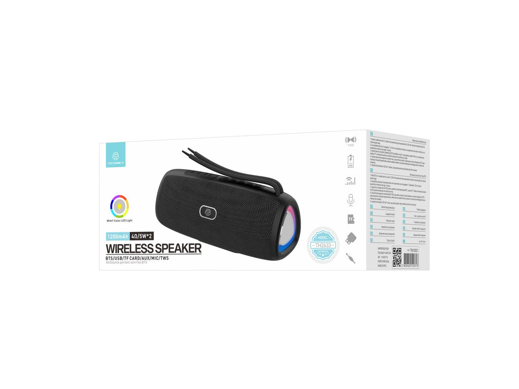 Techancy Altifalante Sem Fios Bluetooth Versão 5.3TH2633, Suporte TWS/TF/AUX, Luz Ambiente Led Rgb De 7 Cores