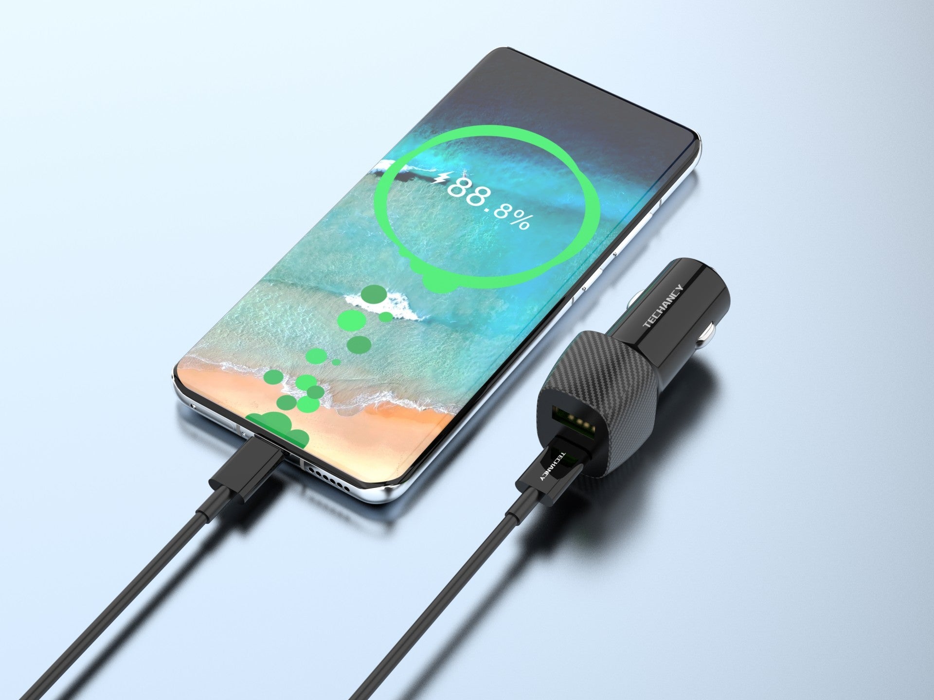 Techancy Carregador De Automóvel De Porta Dupla 48w Usb+Usb-C Pd3.0 TC6432 Com Cabo Preto De 1m/60w Tipo-C Para Tipo-C