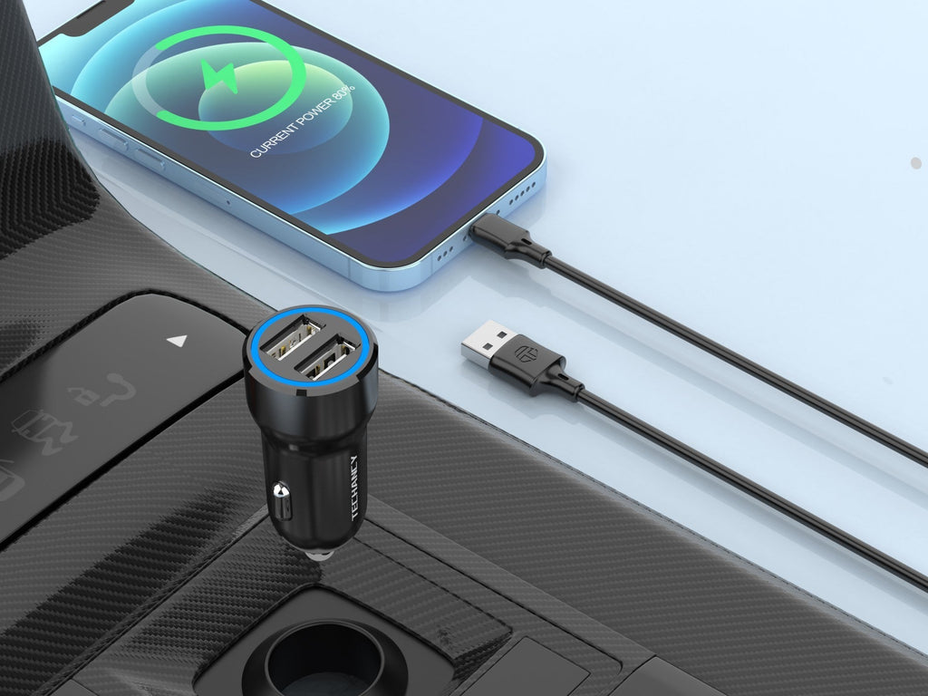 Techancy Carregador de Carro 2USB 2.4A com Cabo iP 11-14/1M TC6421 Preto, Carregamento Rápido, Múltiplas Proteções