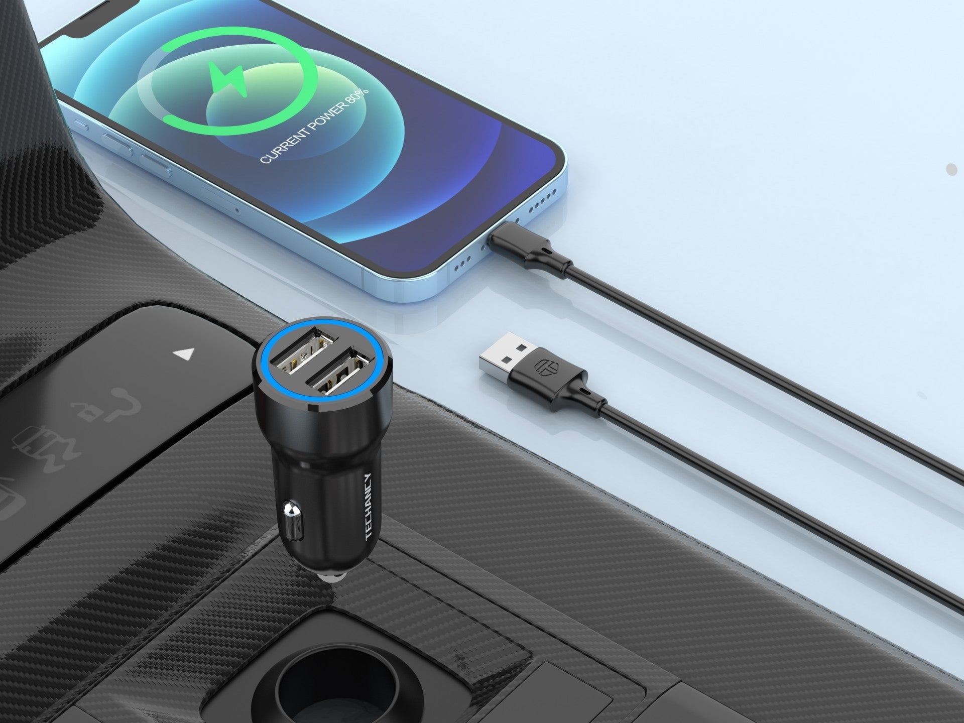 Techancy Carregador de Carro 2USB 2.4A com Cabo iP 11-14/1M TC6421 Preto, Carregamento Rápido, Múltiplas Proteções