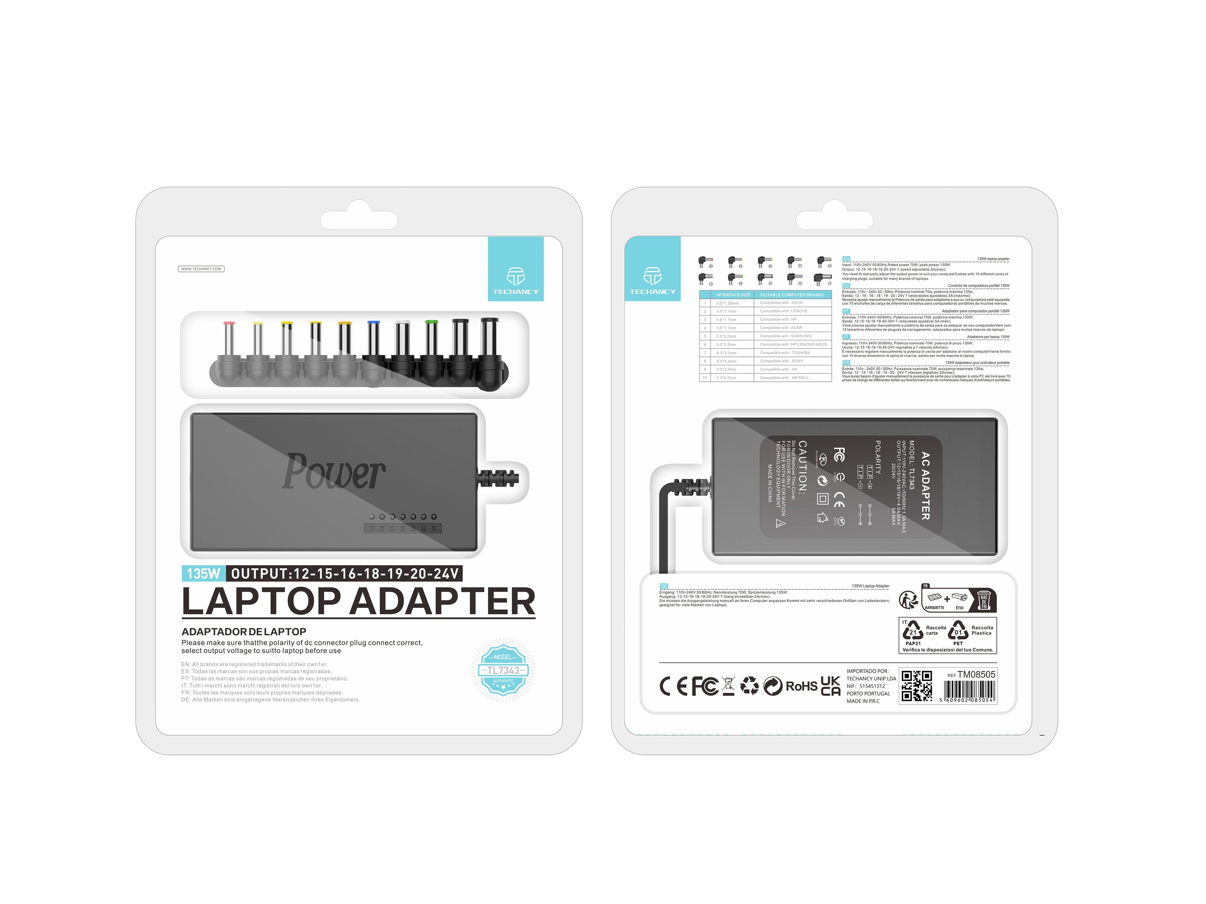 Techancy Carregador Portátil Universal De 135 W TL7343, Adaptador De Computador Para Várias Marcas De Computadores Portáteis