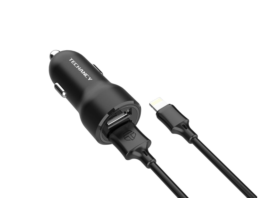 Techancy Carregador de Carro 2USB 2.4A com Cabo iP 11-14/1M TC6421 Preto, Carregamento Rápido, Múltiplas Proteções