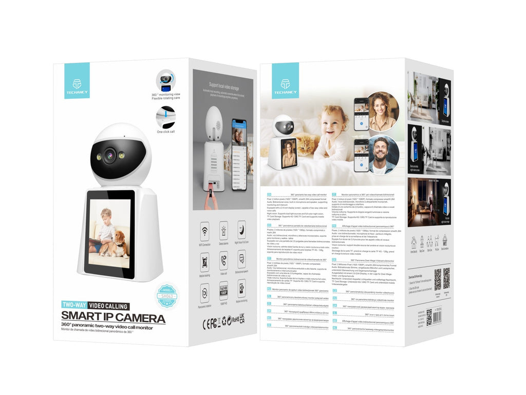 Techancy SH043 Câmara Inteligente com Ecrã, 1080P, Rotação 360°, Visão Noturna, Chamadas de Vídeo e Voz Bidirecionais, Ligação WiFi, Deteção Humana — Branco
