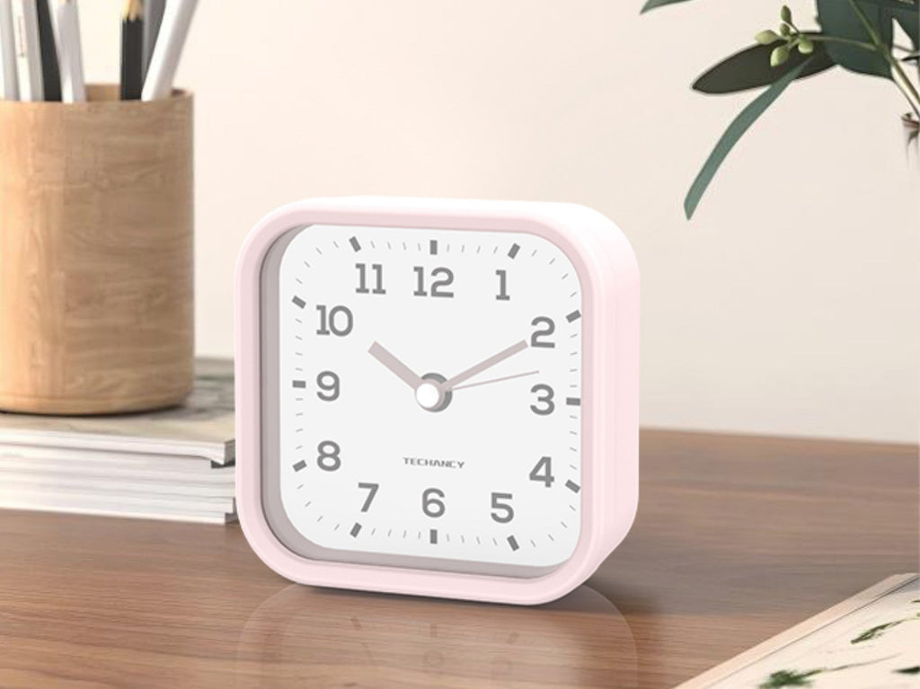 Techancy Mini despertador de mesa ME2623 silencioso números grandes espelho HD corpo ABS portátil para quarto e secretária cor rosa