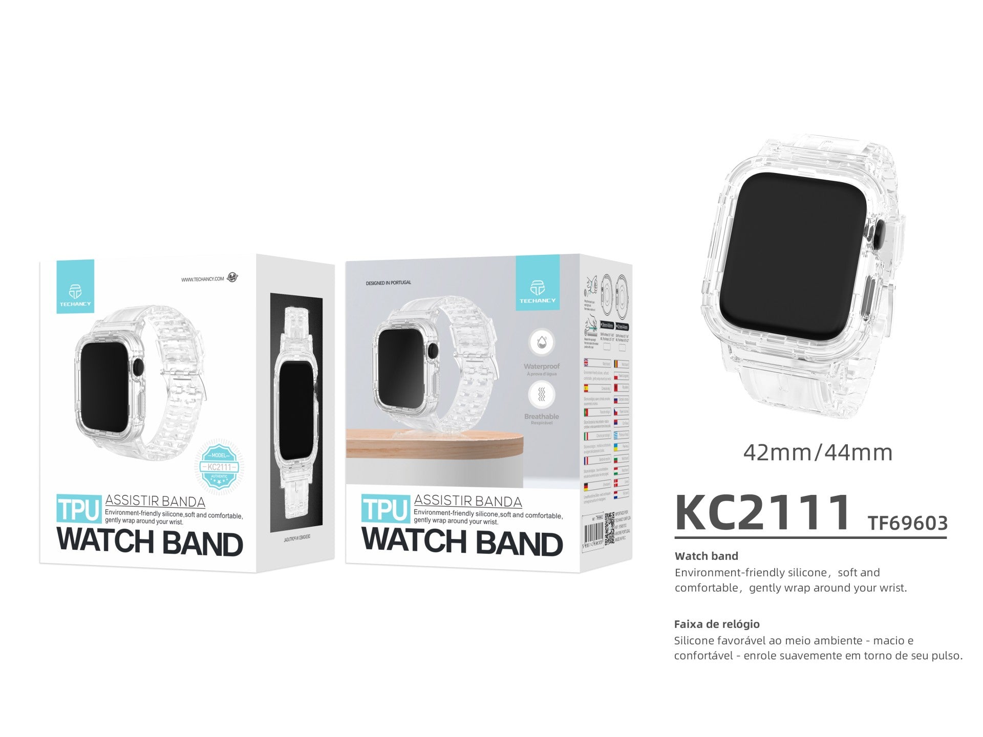 Pulseira de silicone para relógio Techancy, KC2111, compatível com Apple Watch 42-44 mm, cor transparente