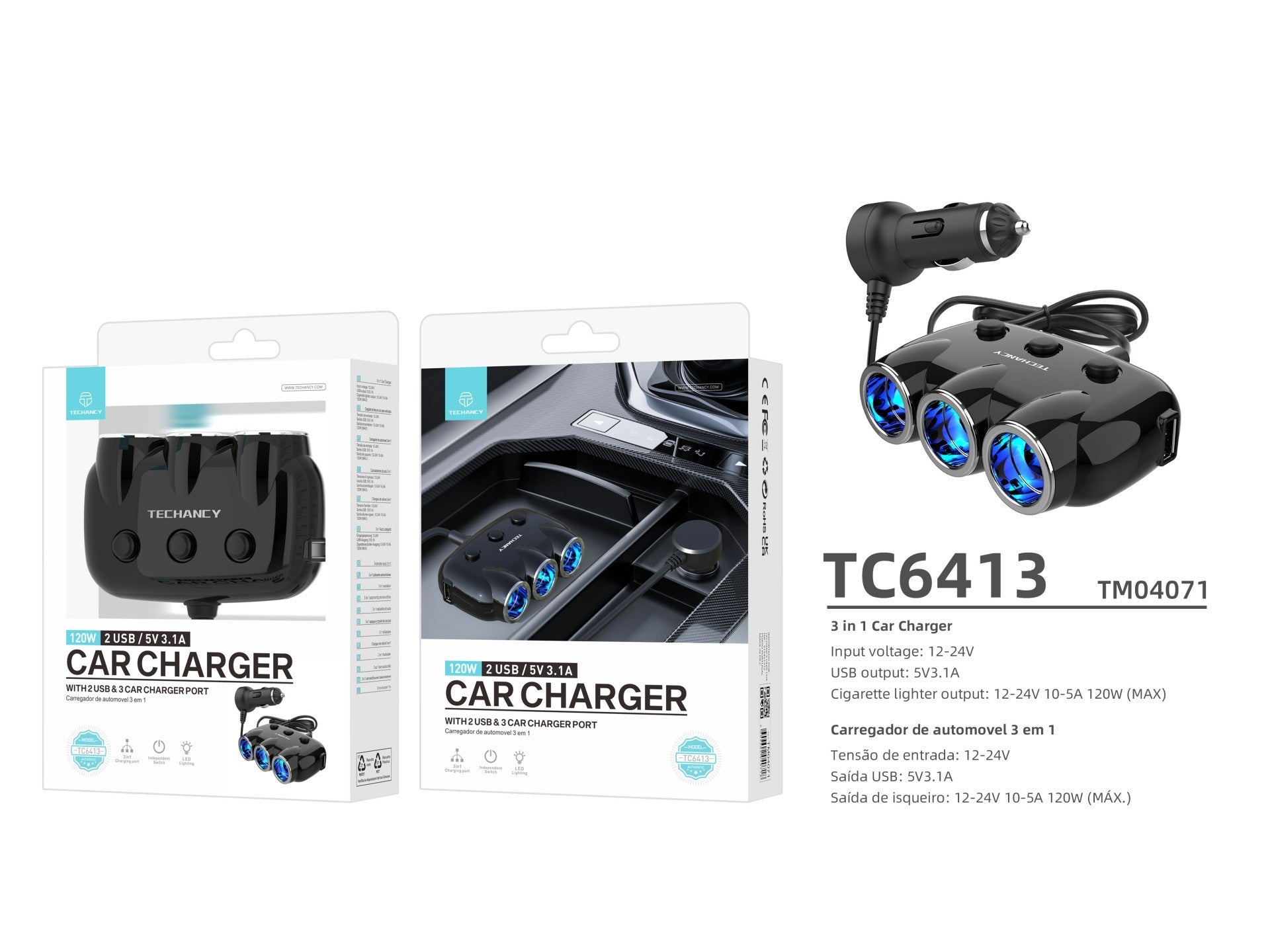 Techancy Carregador De Automóvel 3 Em 1 Preto TC6413, Entrada 12-24v, Saída 10-12a 120w, Parceiro Elétrico Para Automóvel