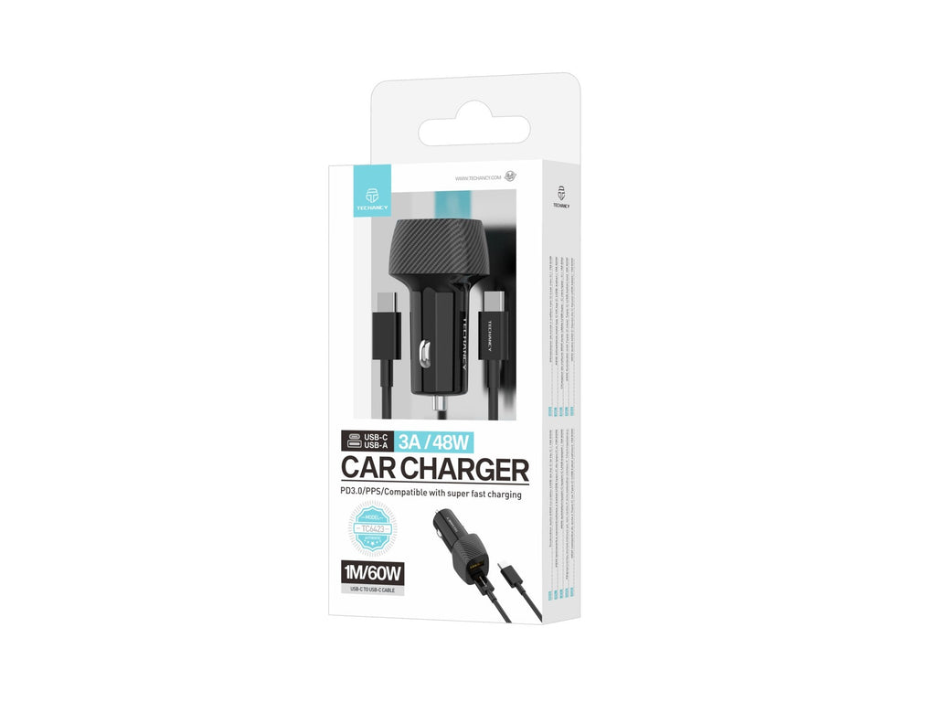 Techancy Carregador De Automóvel De Porta Dupla 48w Usb+Usb-C Pd3.0 TC6432 Com Cabo Preto De 1m/60w Tipo-C Para Tipo-C
