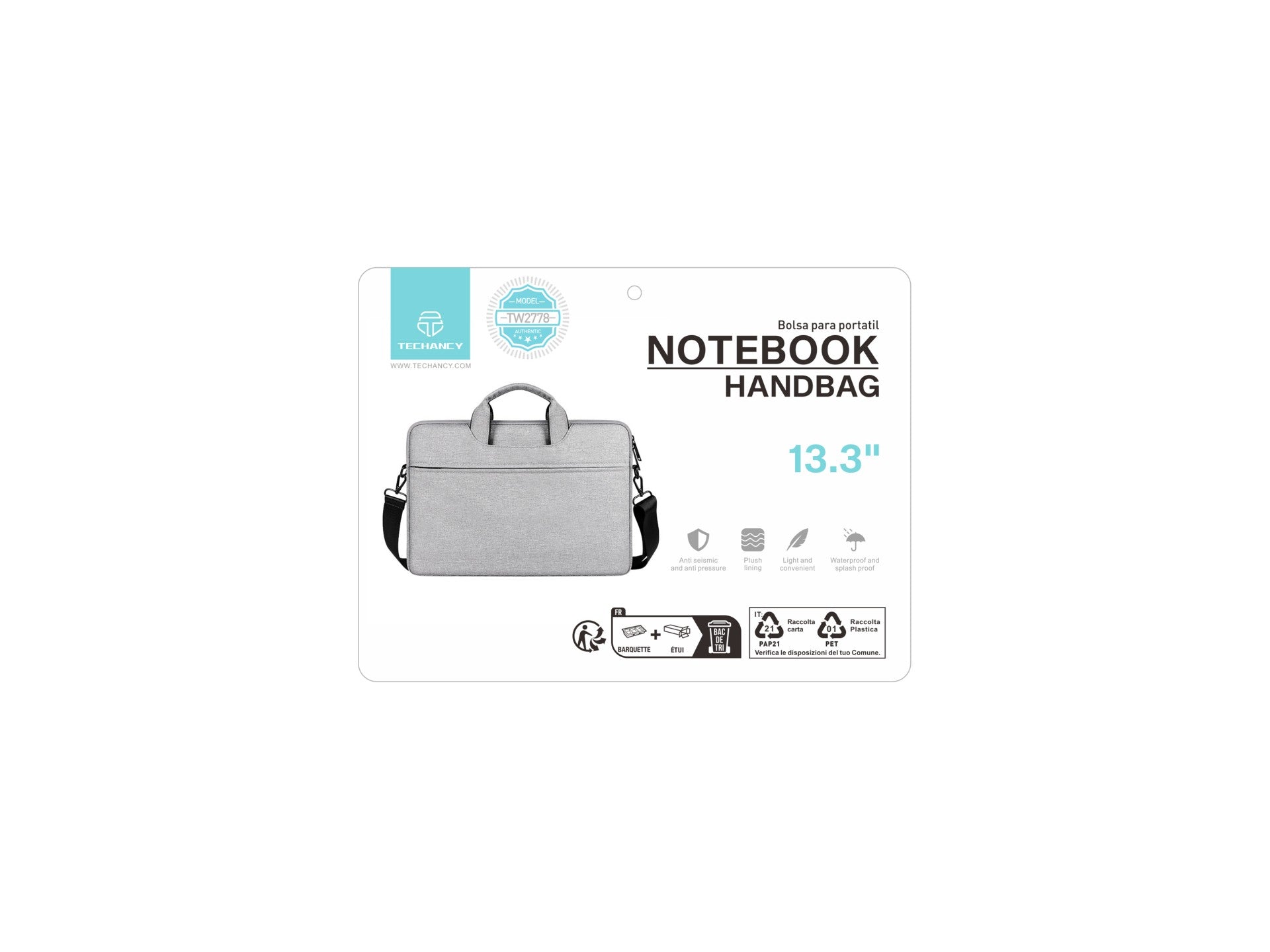 Mala para computador portátil Techancy TW2778, cinzenta, 13,3 polegadas, alça ajustável