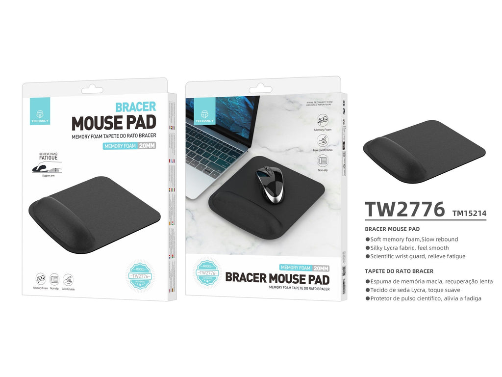 Techancy Tapete de Rato Preto TW2776, espuma de memória 20mm, apoio ergonômico para pulso, conforto e alívio de fadiga