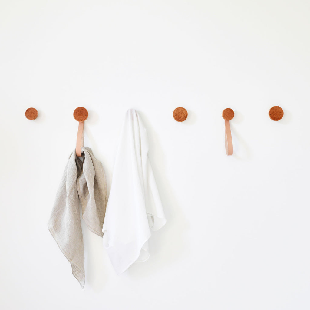 Round Beech Wood & Ceramic Wall Mounted Coat Hook / Hanger with Leather Strap - Terracotta Orange Specks
